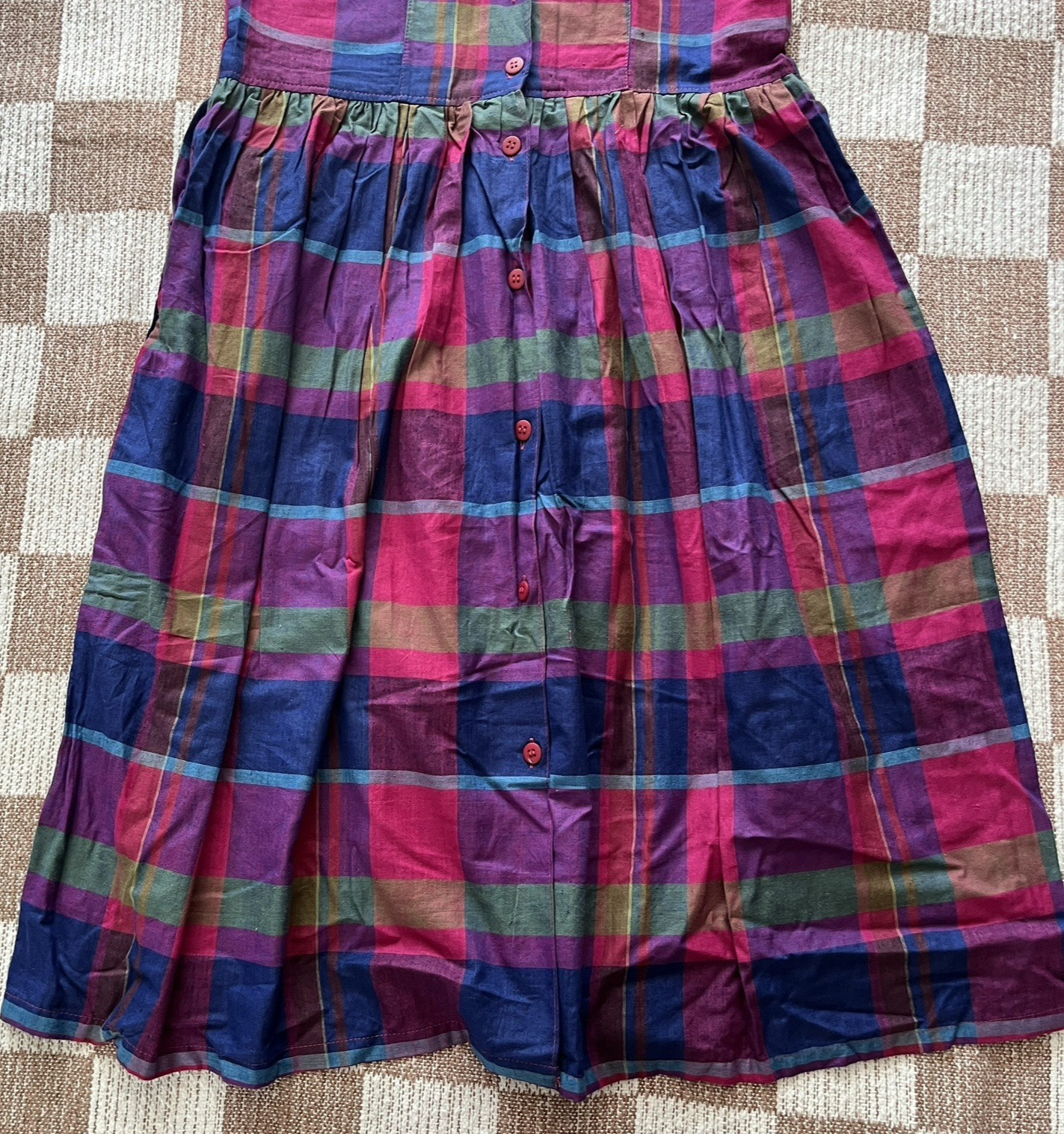 Vintage 90s plaid jumper day dress womens M pink purple blue green sleeveless