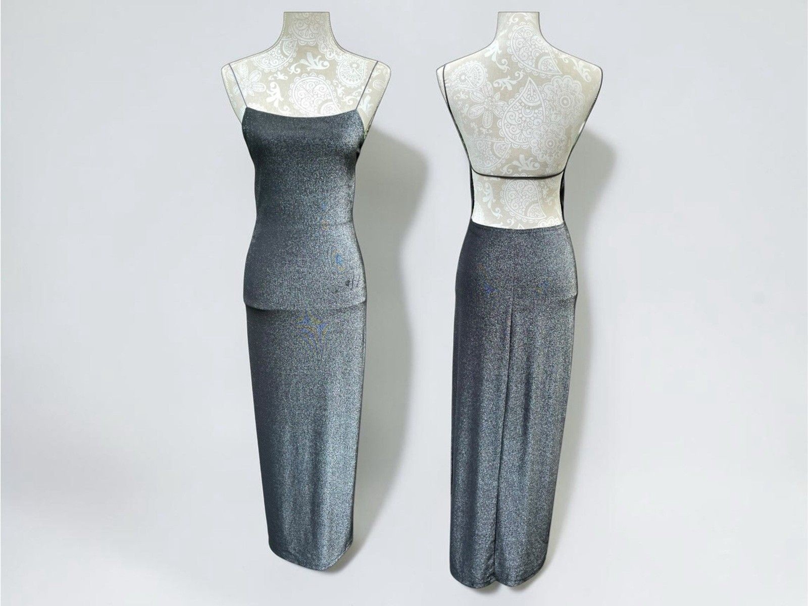 Y2K 90s Minimalist Shimmer Open Back Column Maxi Dress Silver Black Size M Read