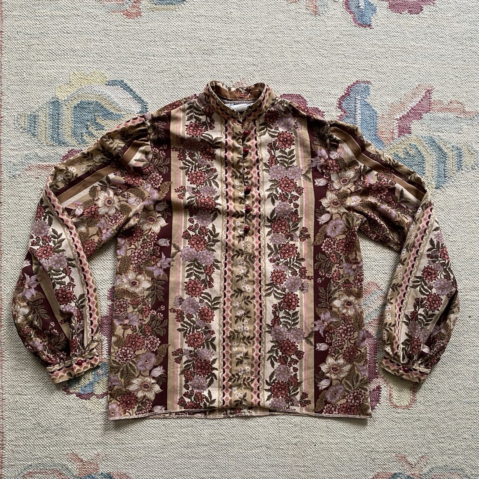 70s Applause Showstopper Floral Blouse Band Collar Medium Hippie Boho Vintage