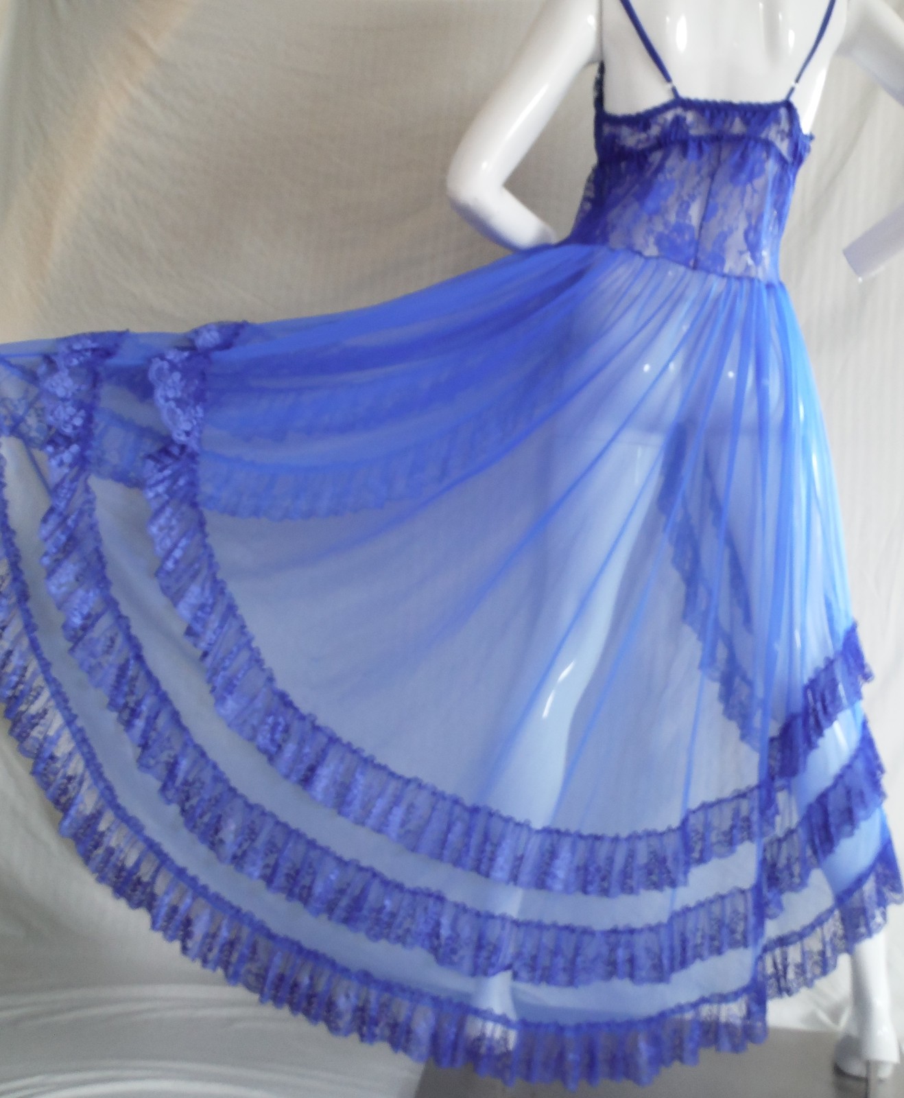 VTG FREDERICKS of HOLLYWOOD Chiffon Sapphire Blue Gown wTrain Lots of Ruffles ML