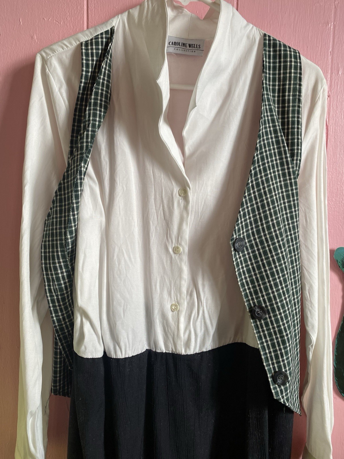80s 90s Career Wear Shirt Dress With Plaid Vest All One Piece Caroline Wells Col