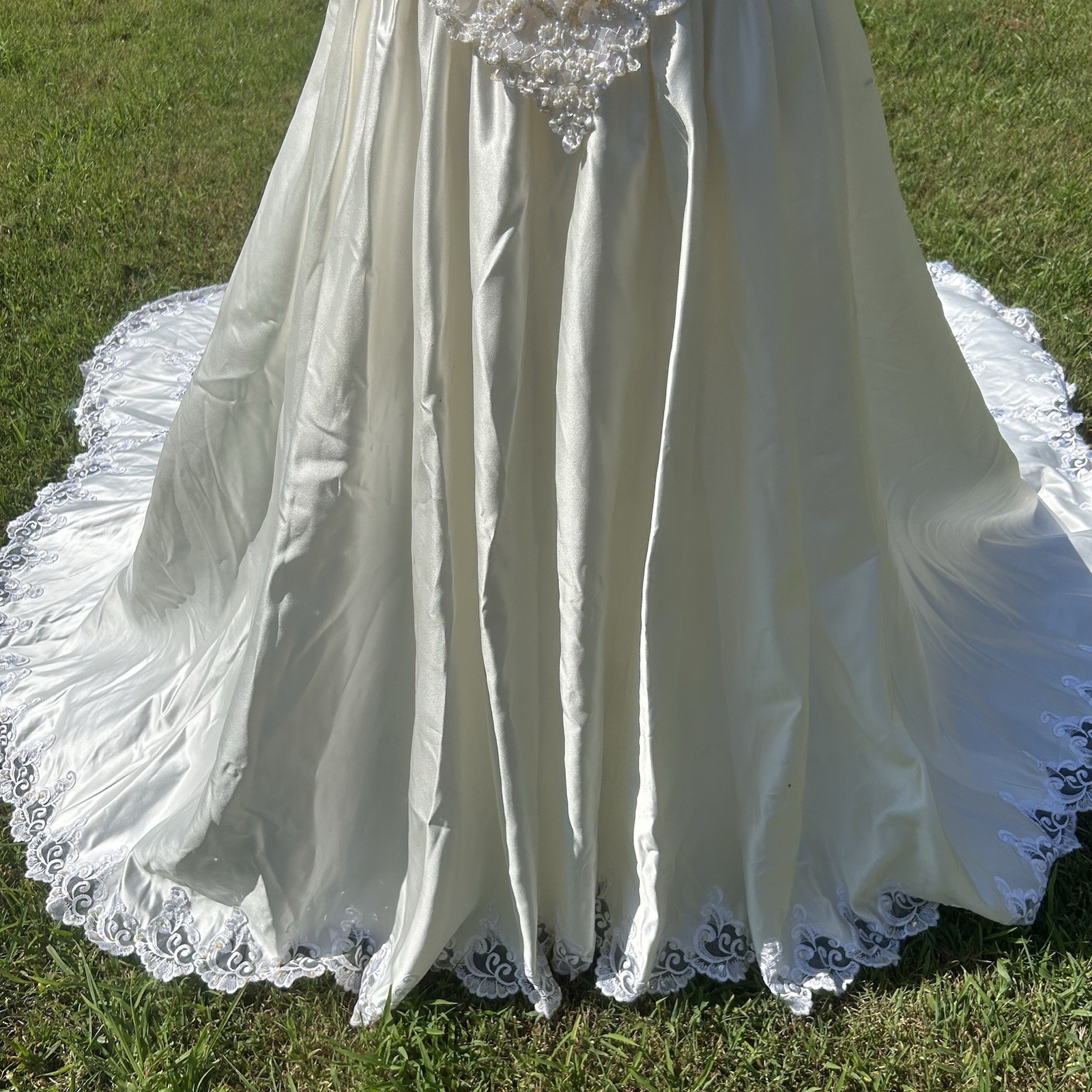 Vtg 80s Ivory Satin Beaded Bride Wedding Dress Short Sleeve Long Train Size 14