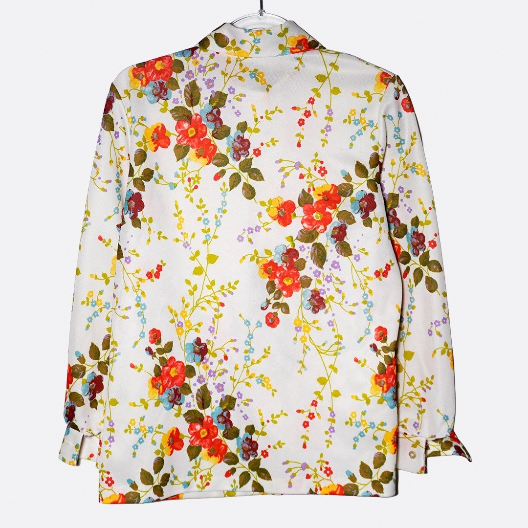Retro 70s Floral Dagger Collar Button-Down Blouse White Red Orange Print 0X L
