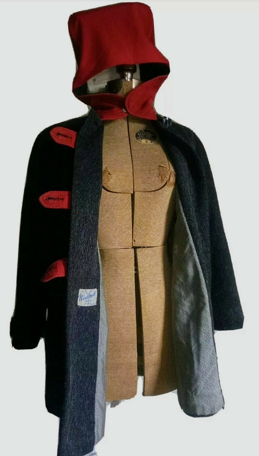 VTG 50s Gray Duffle Coat w/ SCARLET RED COUDEROY TRIM, Hood & Patch Pockets M