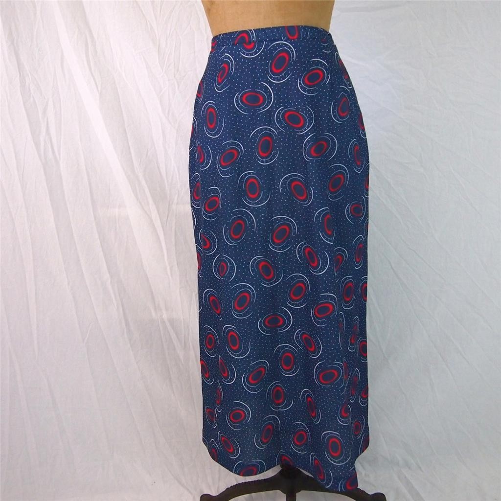 Vintage 60s 70s Mod Psychedelic Polka Dot Retro Blue Poly Maxi Skirt Hippie S