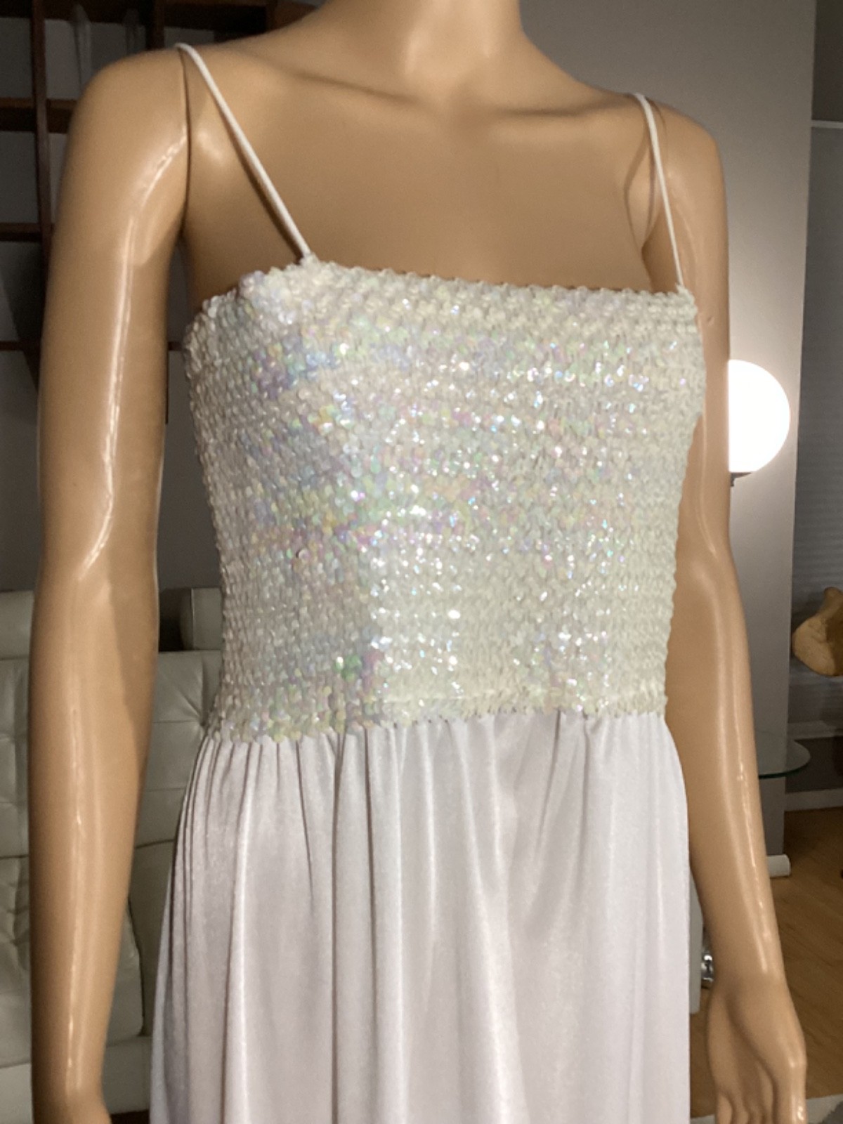Vintage NOS Denise Fashions Iridescent Sequin White Sleeveless Maxi Party Dress