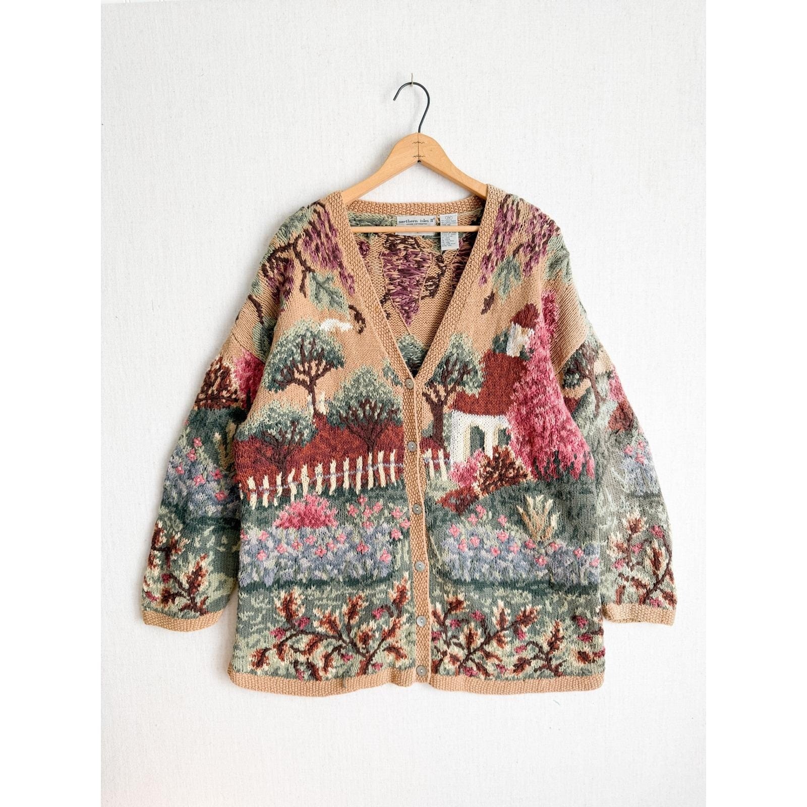 Northern Isles Cottagecore Scenic Landscape Cardigan Sweater Womens 2X Tan