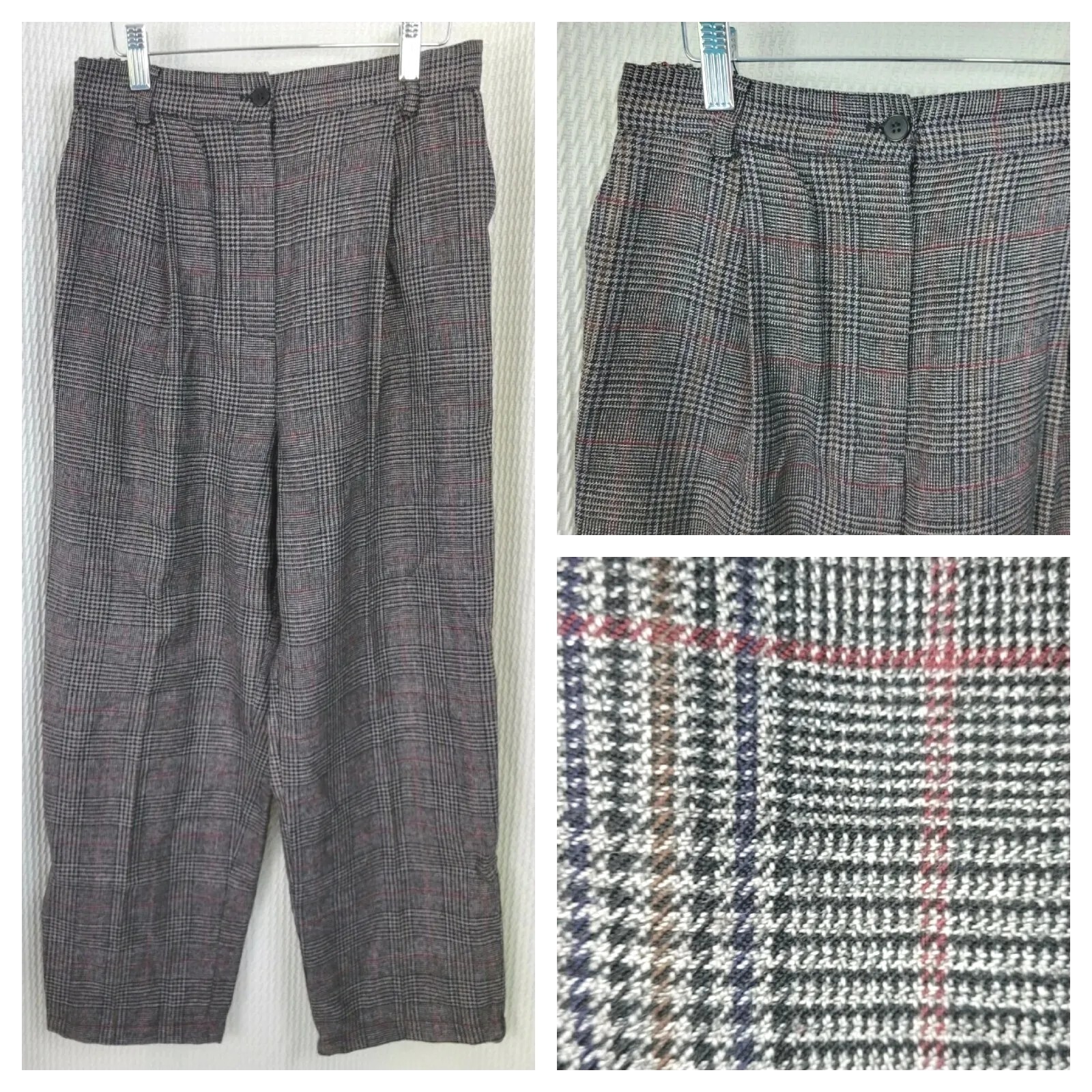 Vintage Bice High Waisted Black & Grey Glen Checked Trousers Size 10