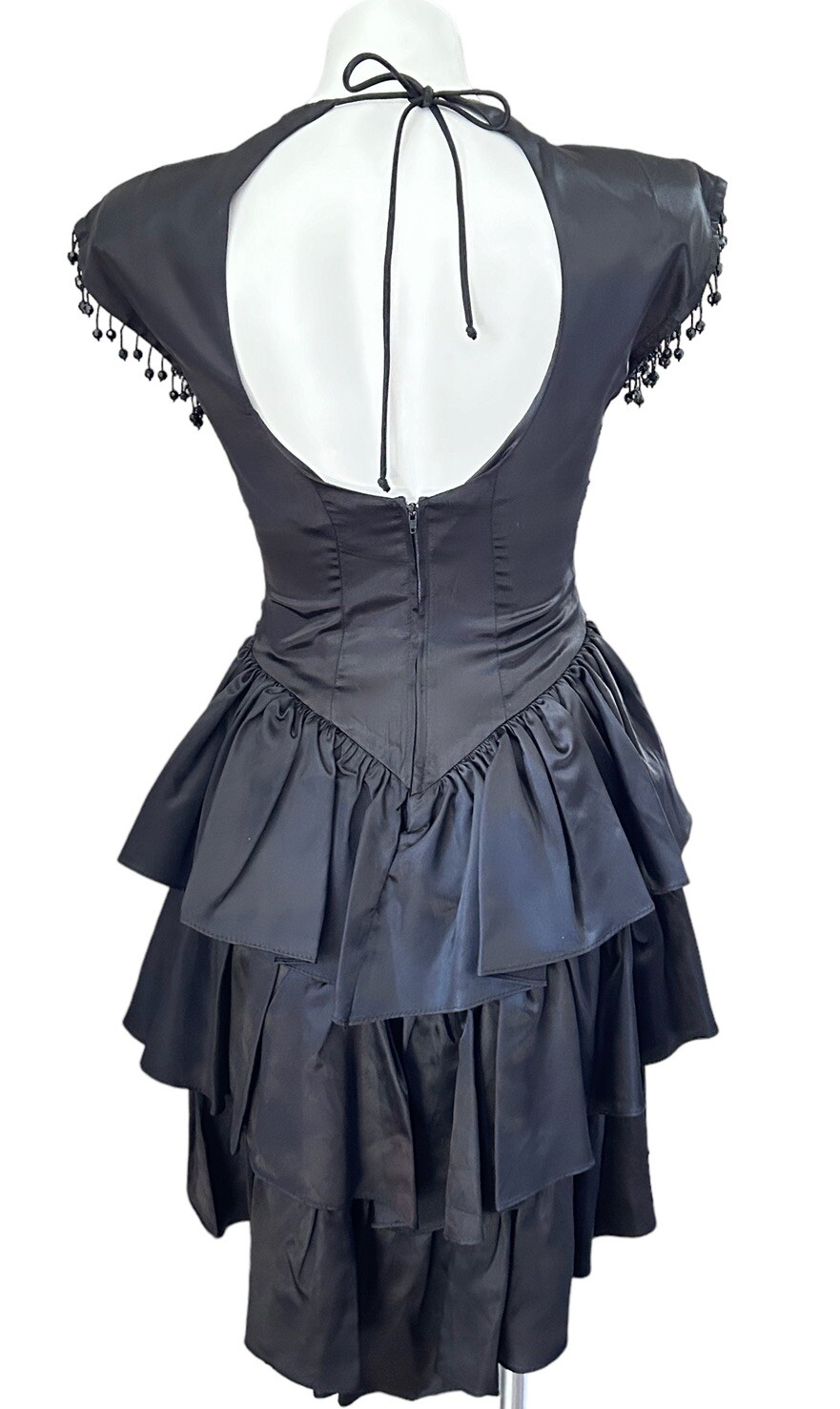 Vintage Black Beaded Sequined Short Slv Gothic Fit & Flair Open Back Dress JR 3