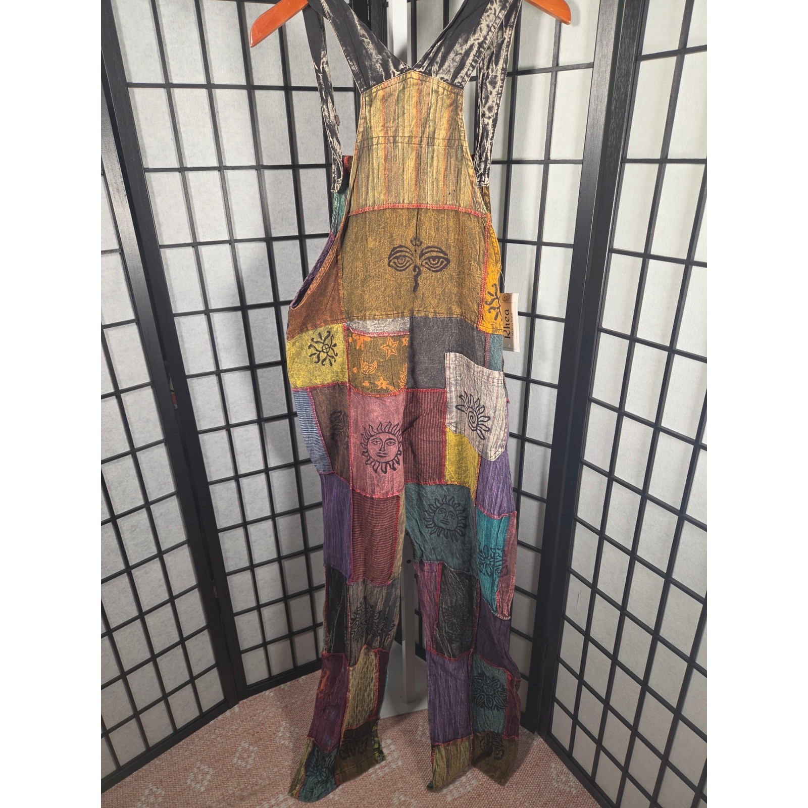 Patchwork Overalls Multi Color Block Print Hippie Festival Bib Jumpsuit LARGE
