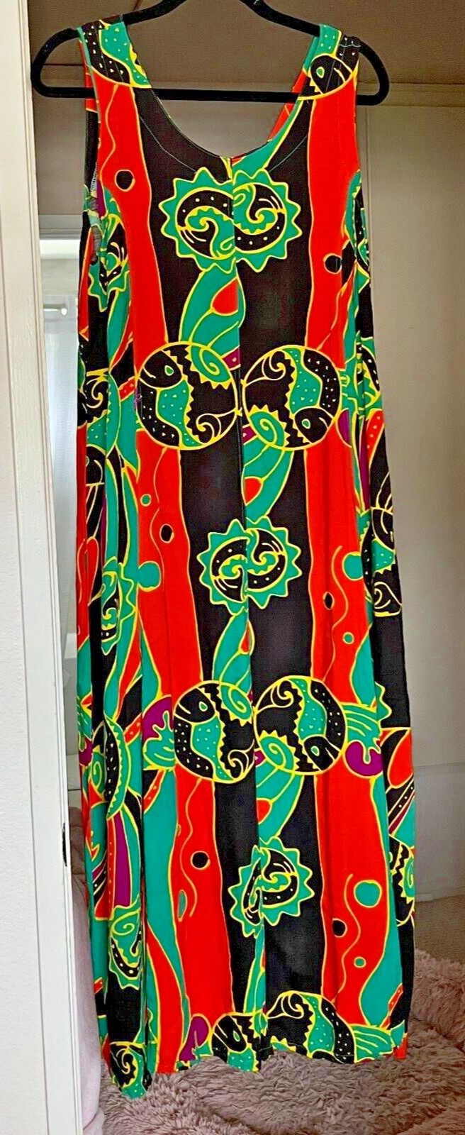 Vintage 90s Psychedelic Maxi Sun Dress Size M Flash Back Unlimited Rayon Boho