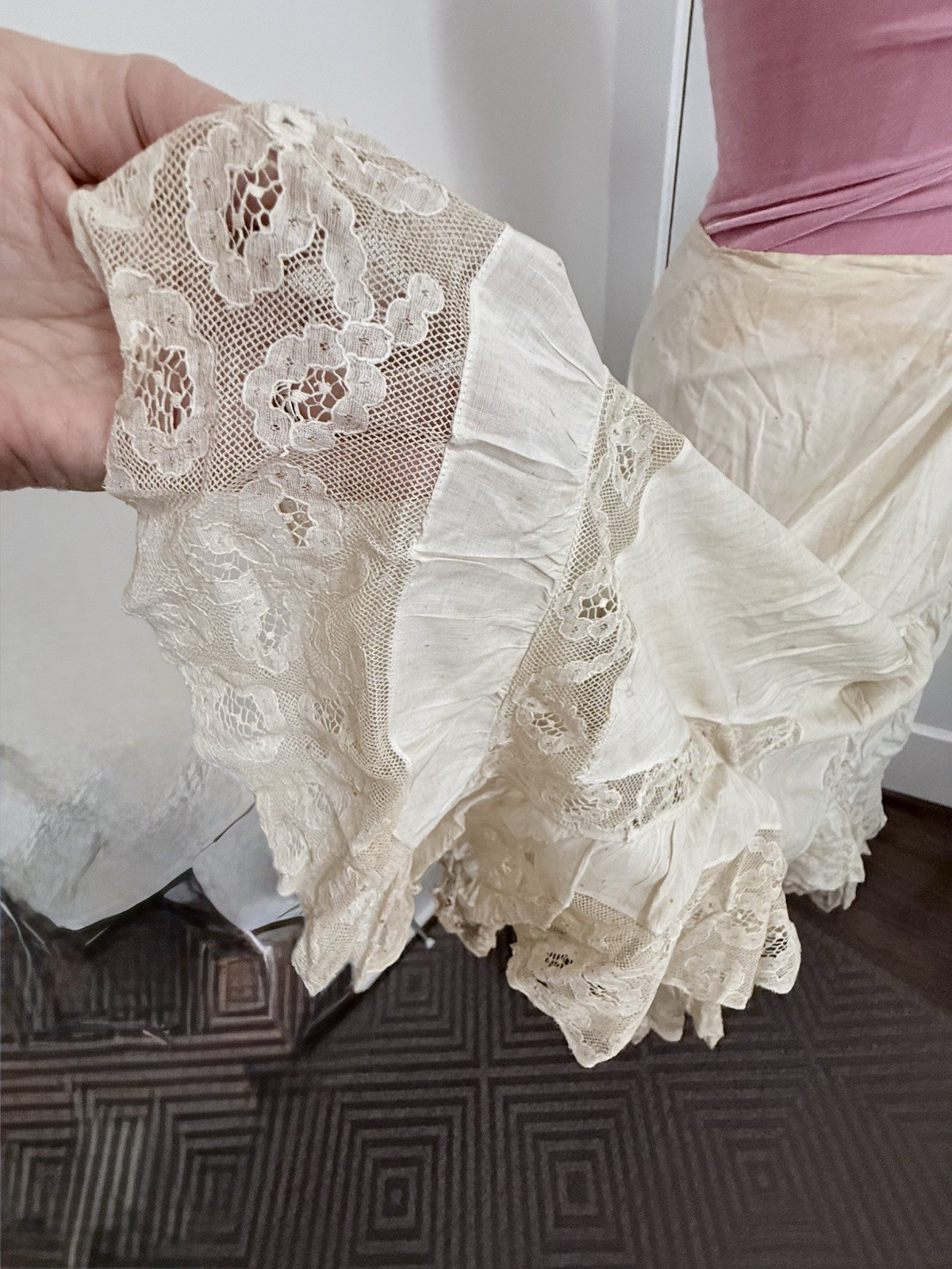 Antique Victorian Cotton & 3 Layers Of Lace Petticoat Underskirt Vintage 27w 35L