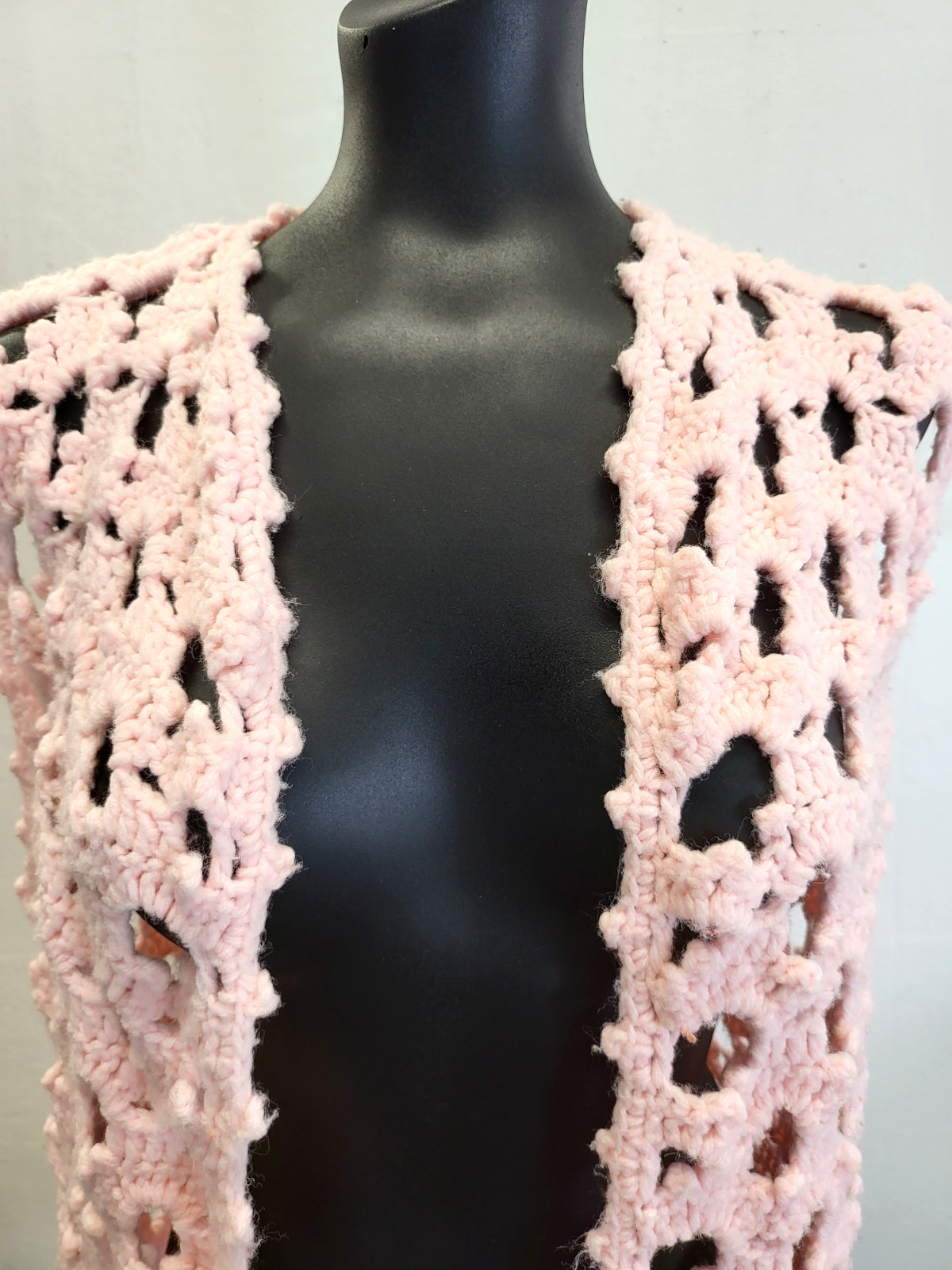Vintage Pink Crochet Vest Handmade M/L Retro Granny Chic Boho