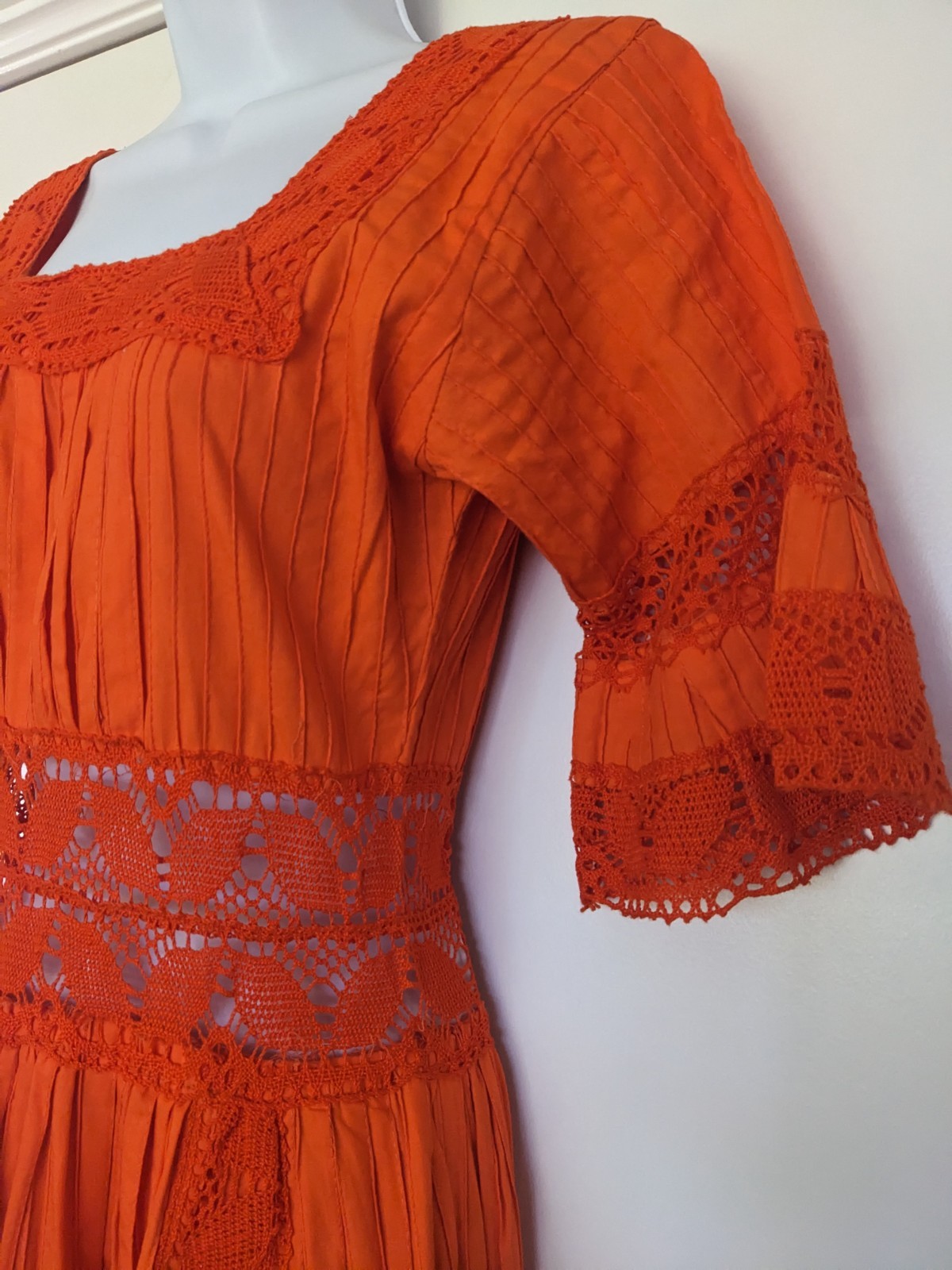 Vintage Orange Cotton Pintuck Crochet Lace Mexican Boho Peasant Dress Maxi 70s