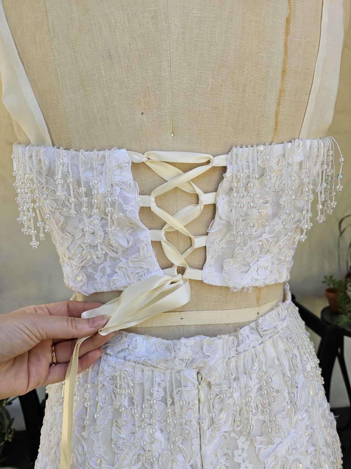 Vintage 1980s 2 Pic Wedding Dress Beaded Fringe Lace Bridal Bustier And Skirt L
