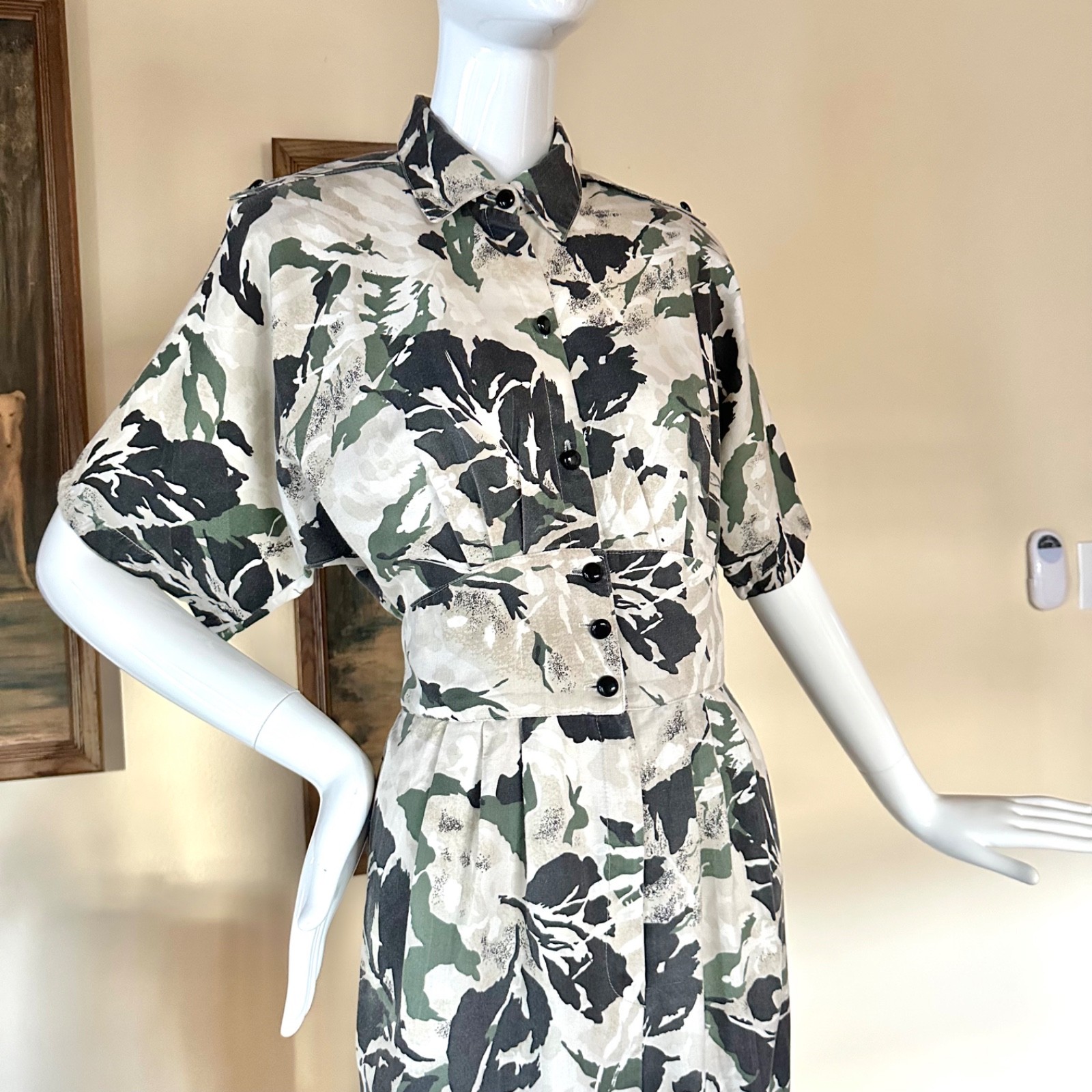 Vintage 1980s New Wave Camo Print Shirtwaist Uniform Military Day Dress M