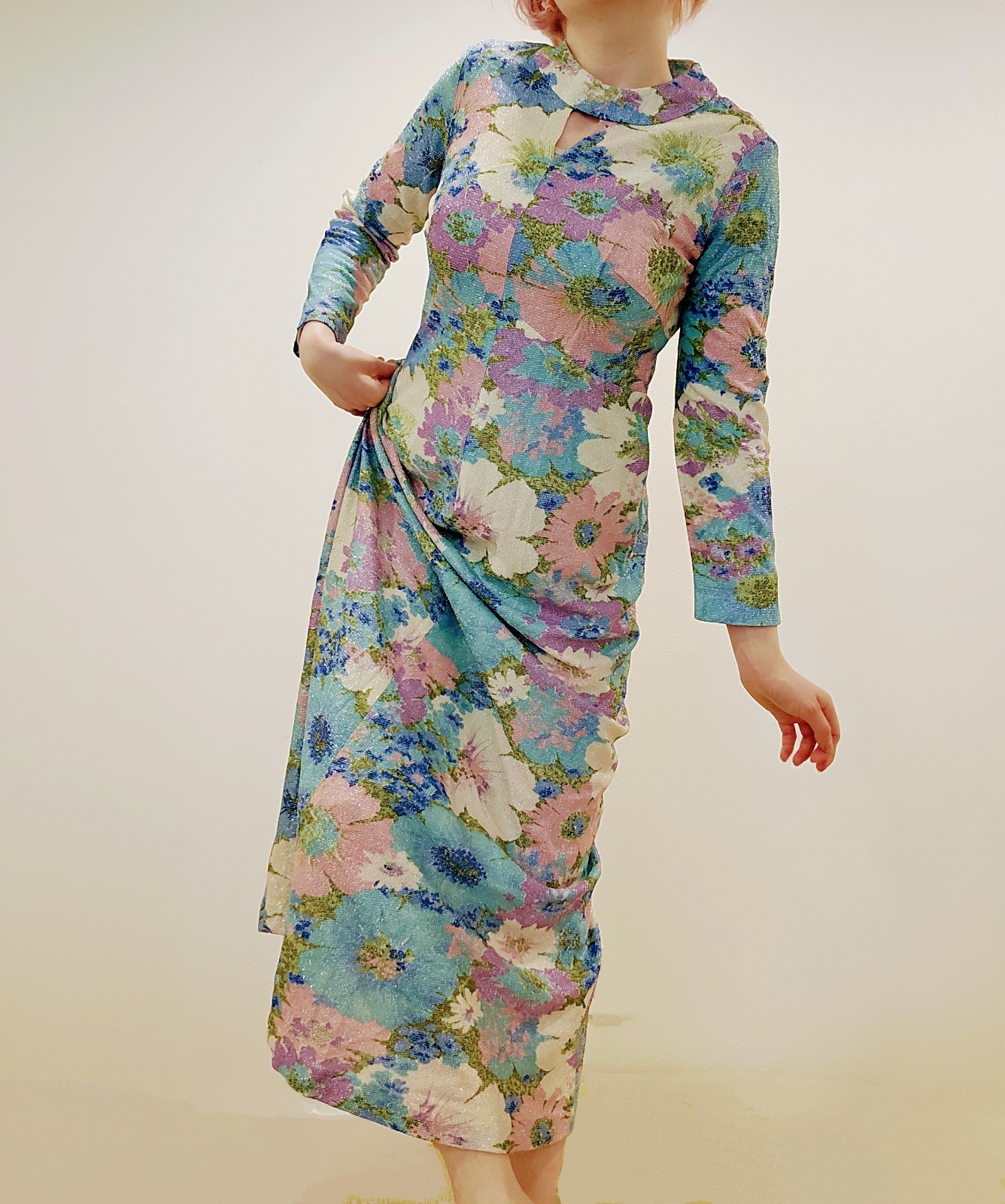60s VTG Sparkle Psychedelic Purple Green White Floral Dress Md Maxi Mermaid