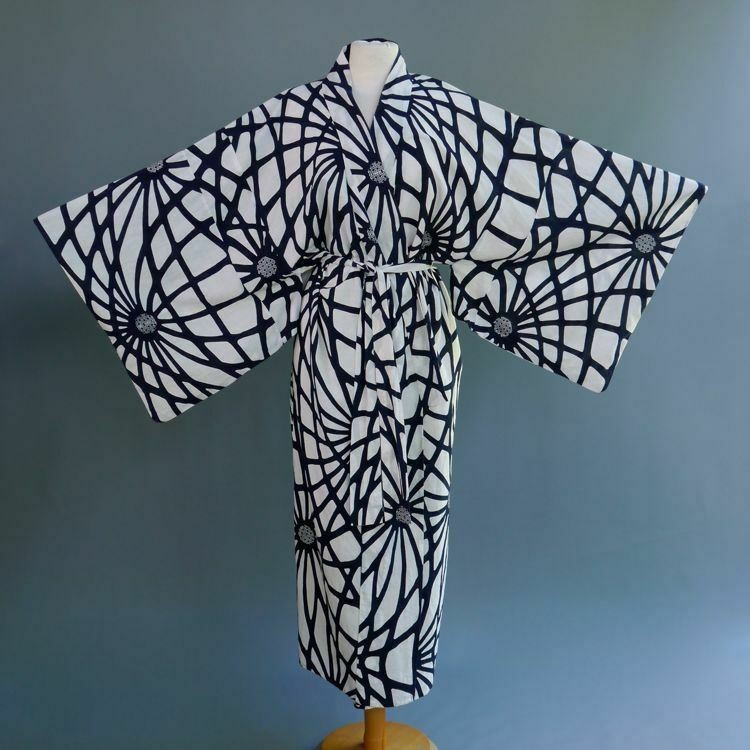 VTG Cotton Kimono Dress Robe Op Art Mod Graphic Completely Hand Sewn No Machine