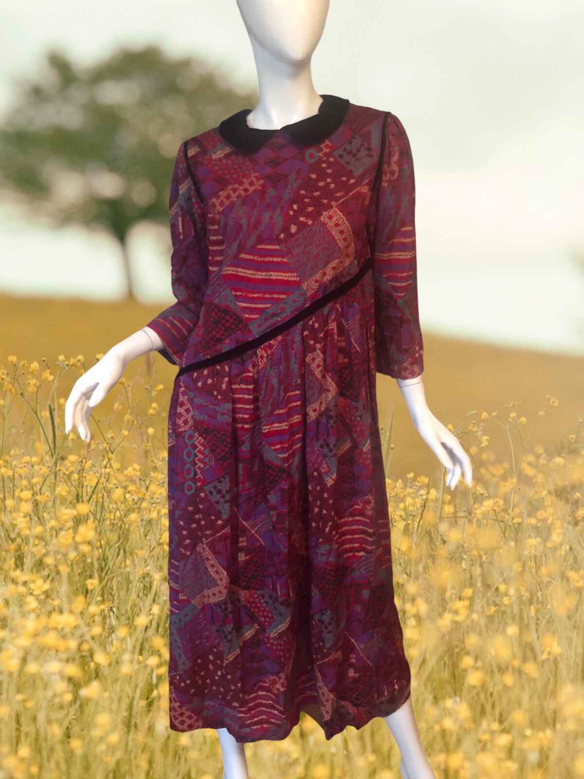 NWT Vtg 80s HORCHOW Dress M Rayon ART PATCHWORK Print COTTAGECORE Collar MIDI