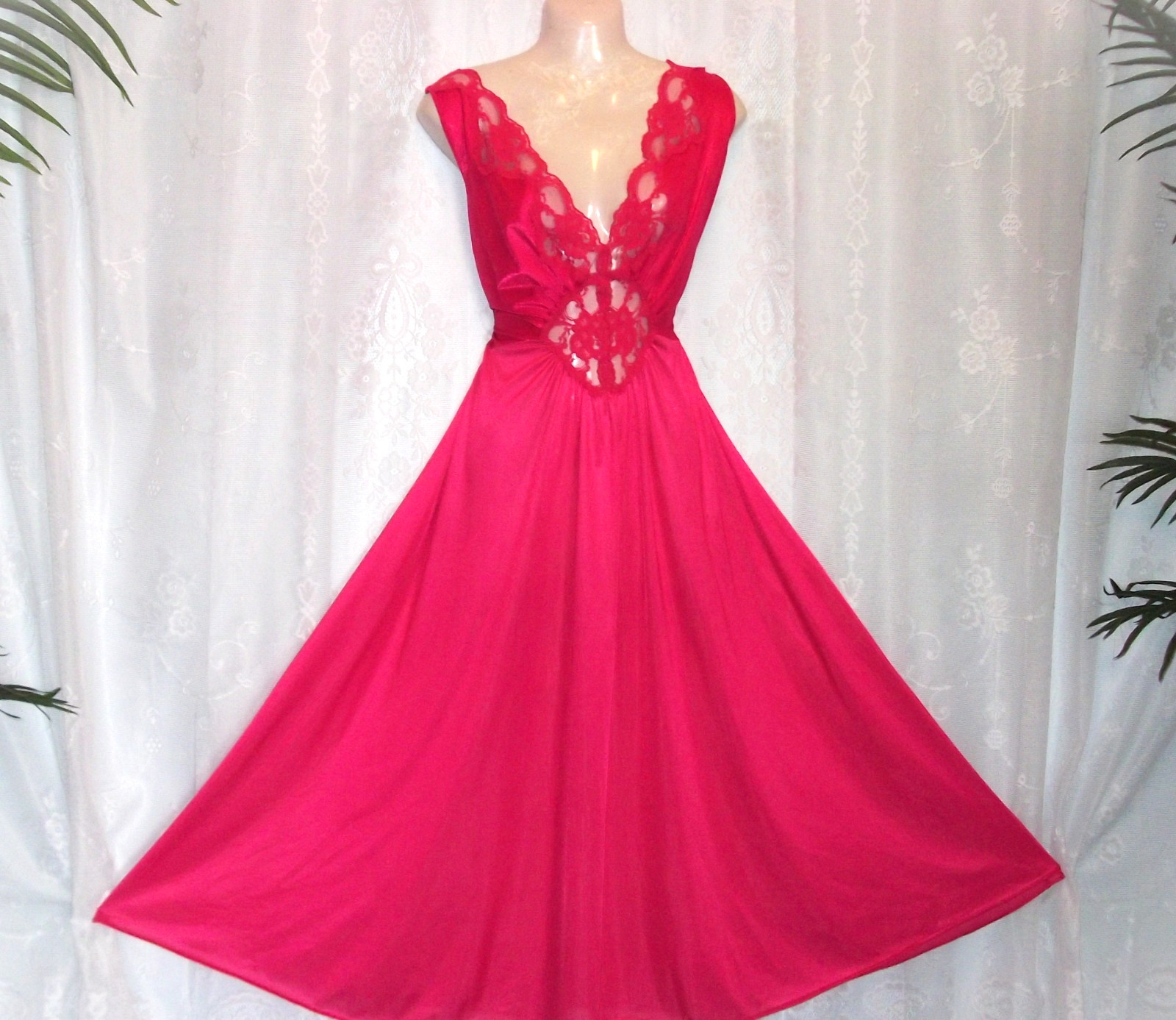 1X-2X,Hot pink,long vintage nightgown,silky nylon,spandex,shiny,negligee,nightie
