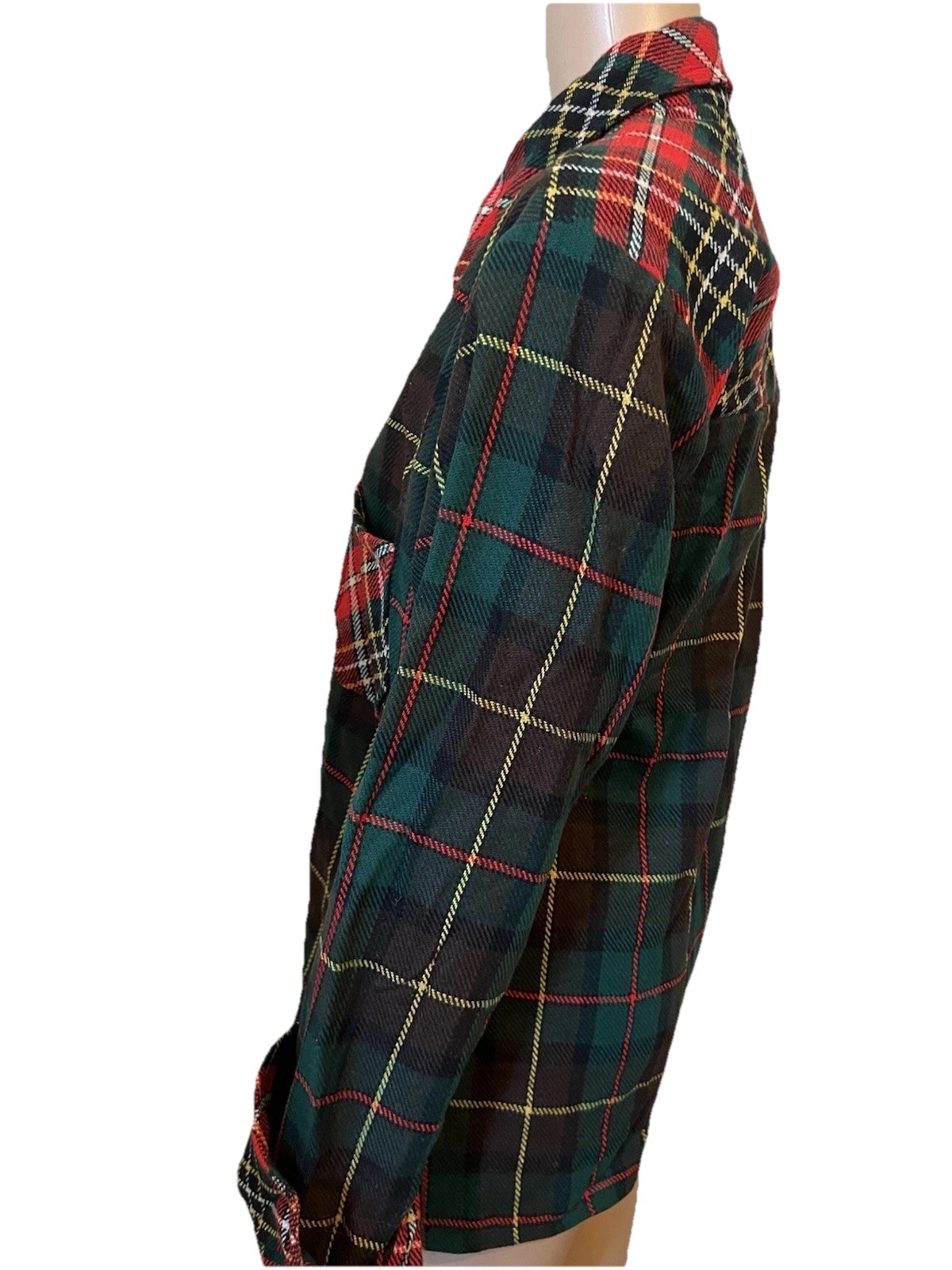 Vintage 1970s Green/Red Tartan Plaid Wool Blouse Women’s L Wide Collar Pockets