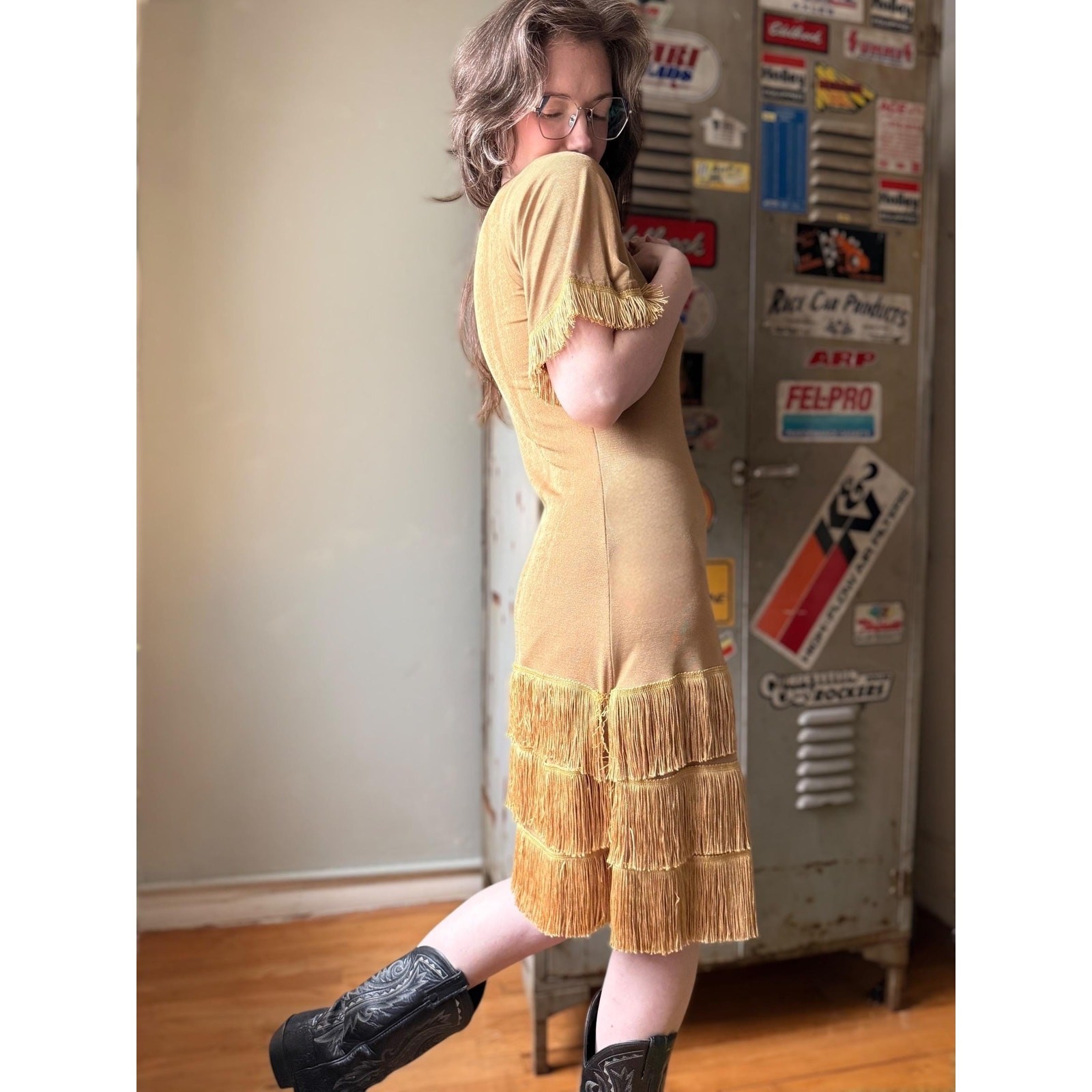 Vintage 70s Metallic Fringe Dress | Disco Cowgirl Knit Mini | Studio 54 | Size M