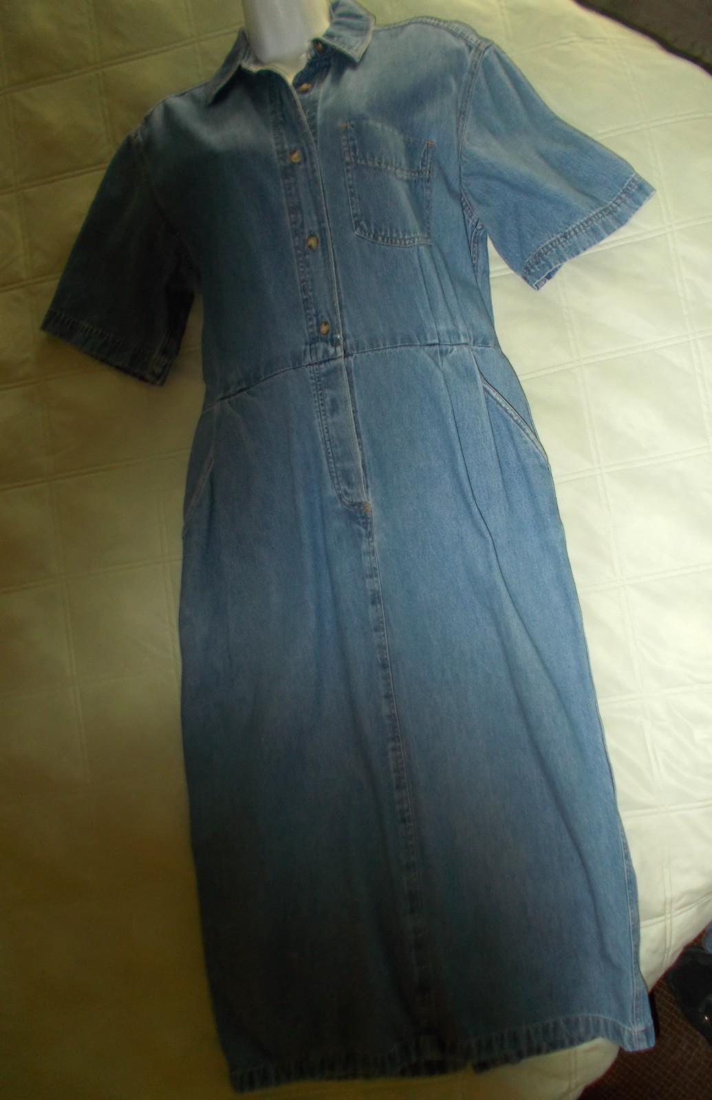 Vintage Lands End Jeans Denim Midi Dress Lighter Blue Wash USA Regular 12