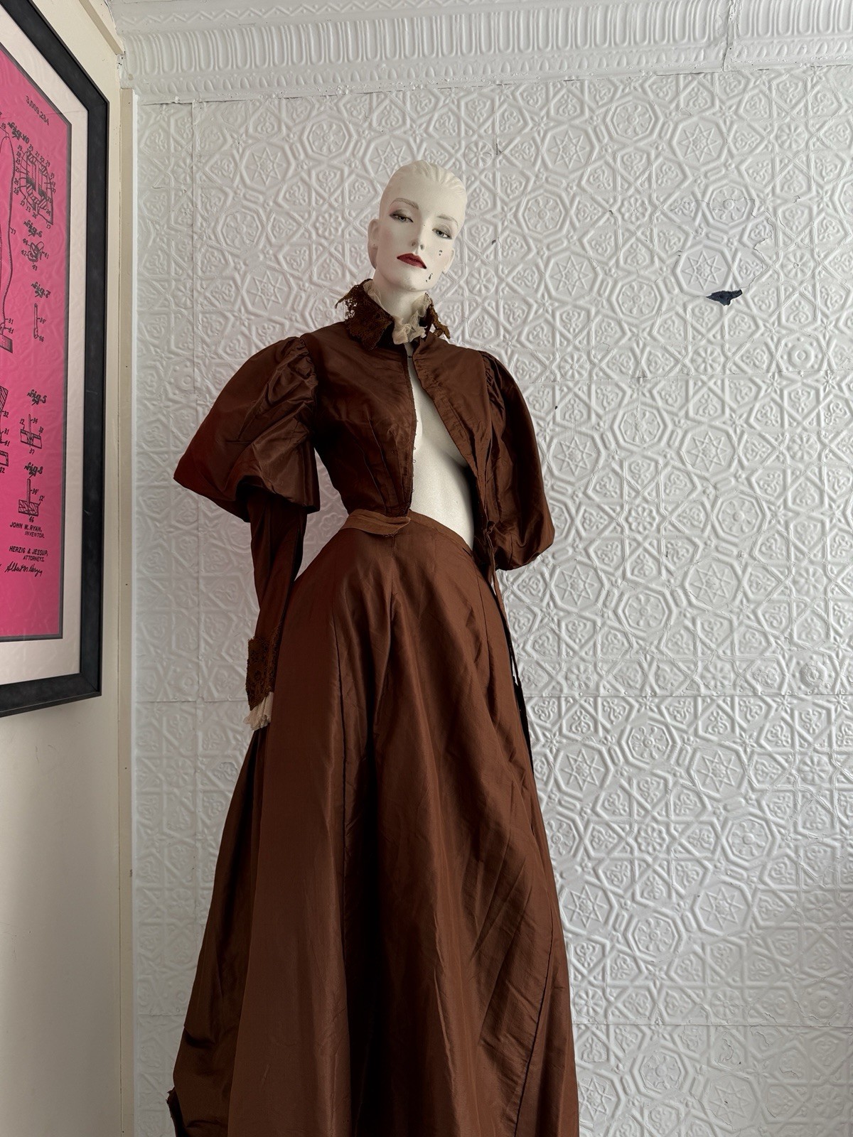 antique 2 piece victorian brown bridal ensemble bodice skirt 1800s small/xs
