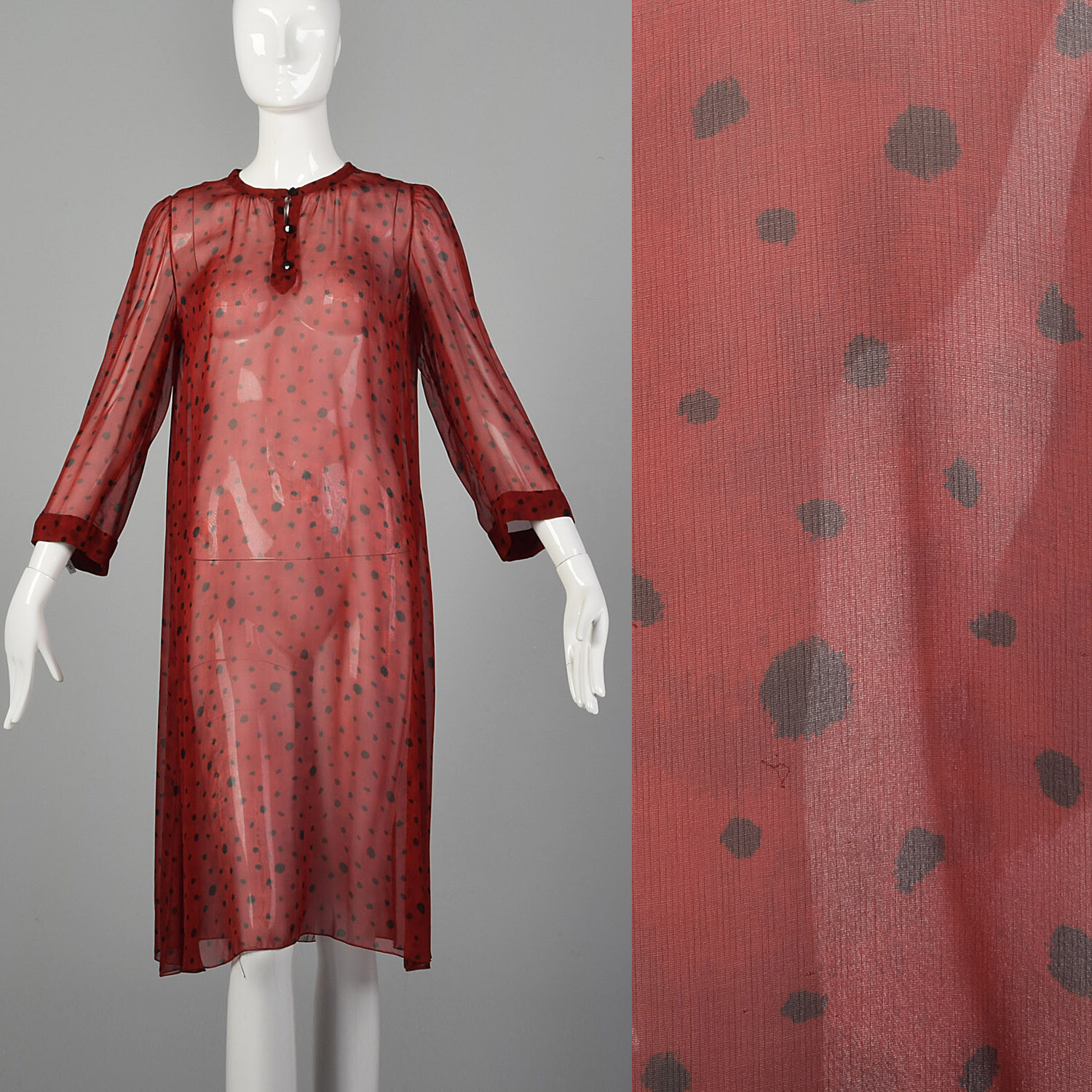 M 1980s Sheer Red Tunic Dress Abstract Print Over Pants Matching Scarf 80s VTG