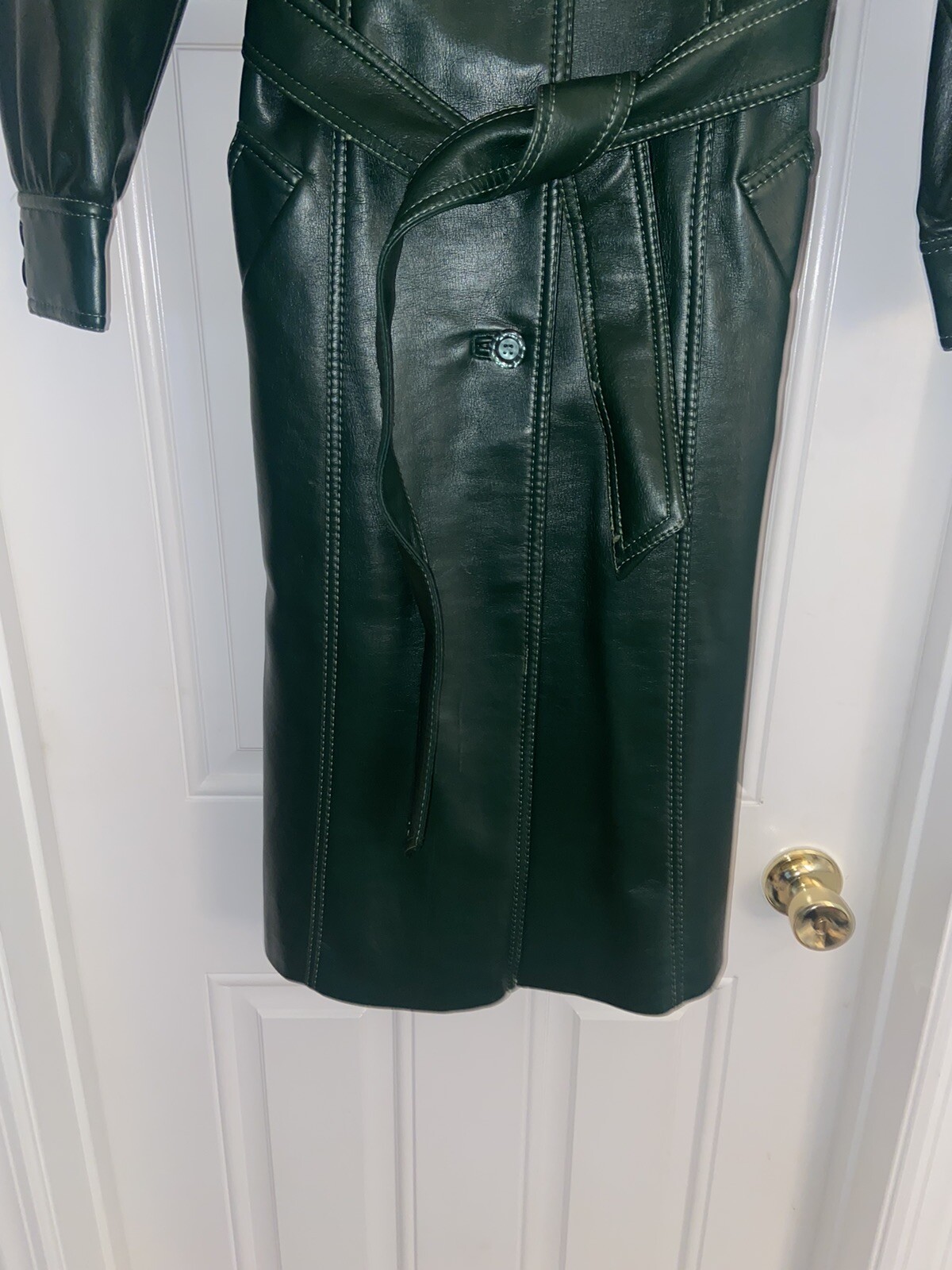 Mod Maid Vintage Pleather Green Long Belted Jacket Coat RARE Womens Size 8
