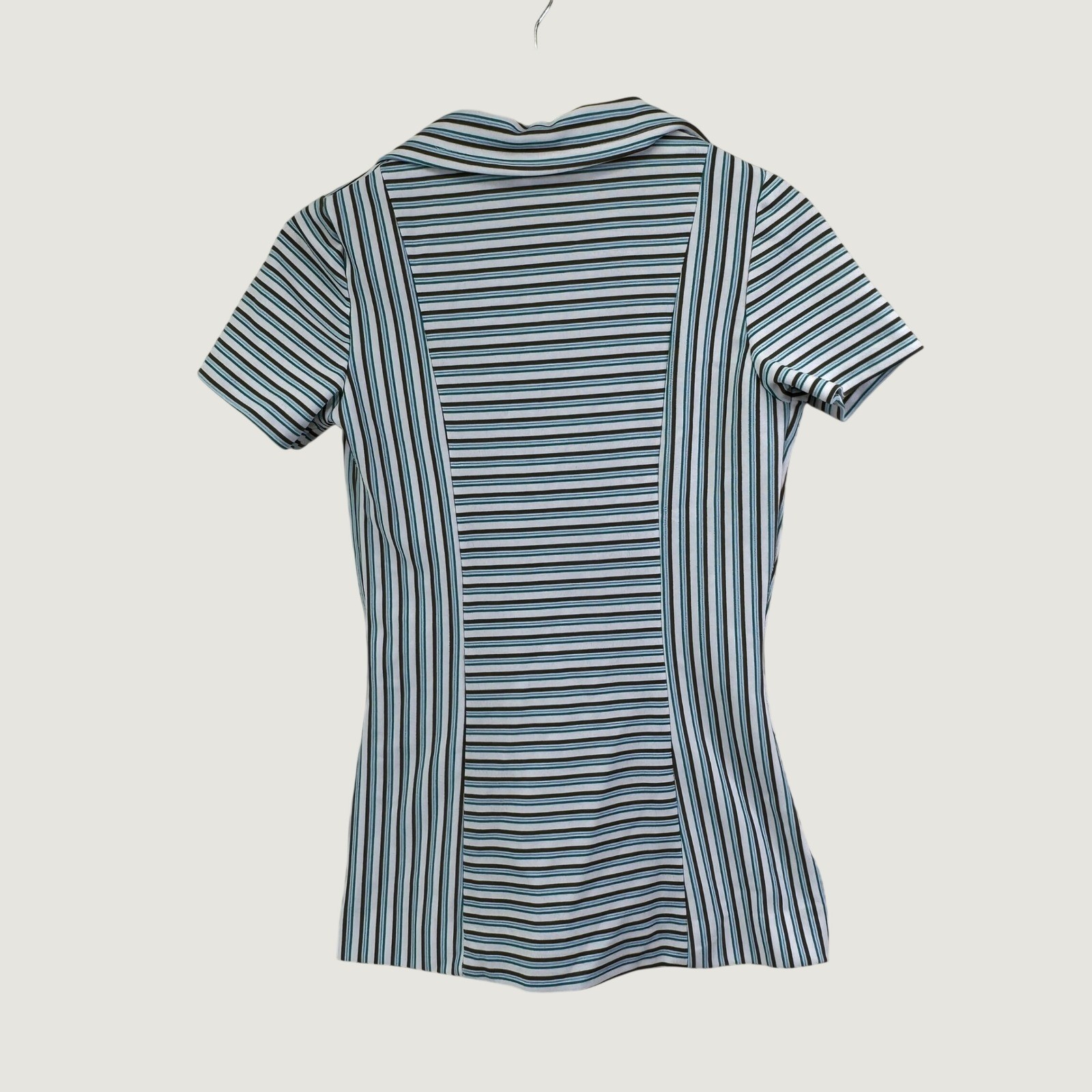 That Girl Vintage 70s Striped Dagger Collar Button Down Shirt Blue Green Mod XS
