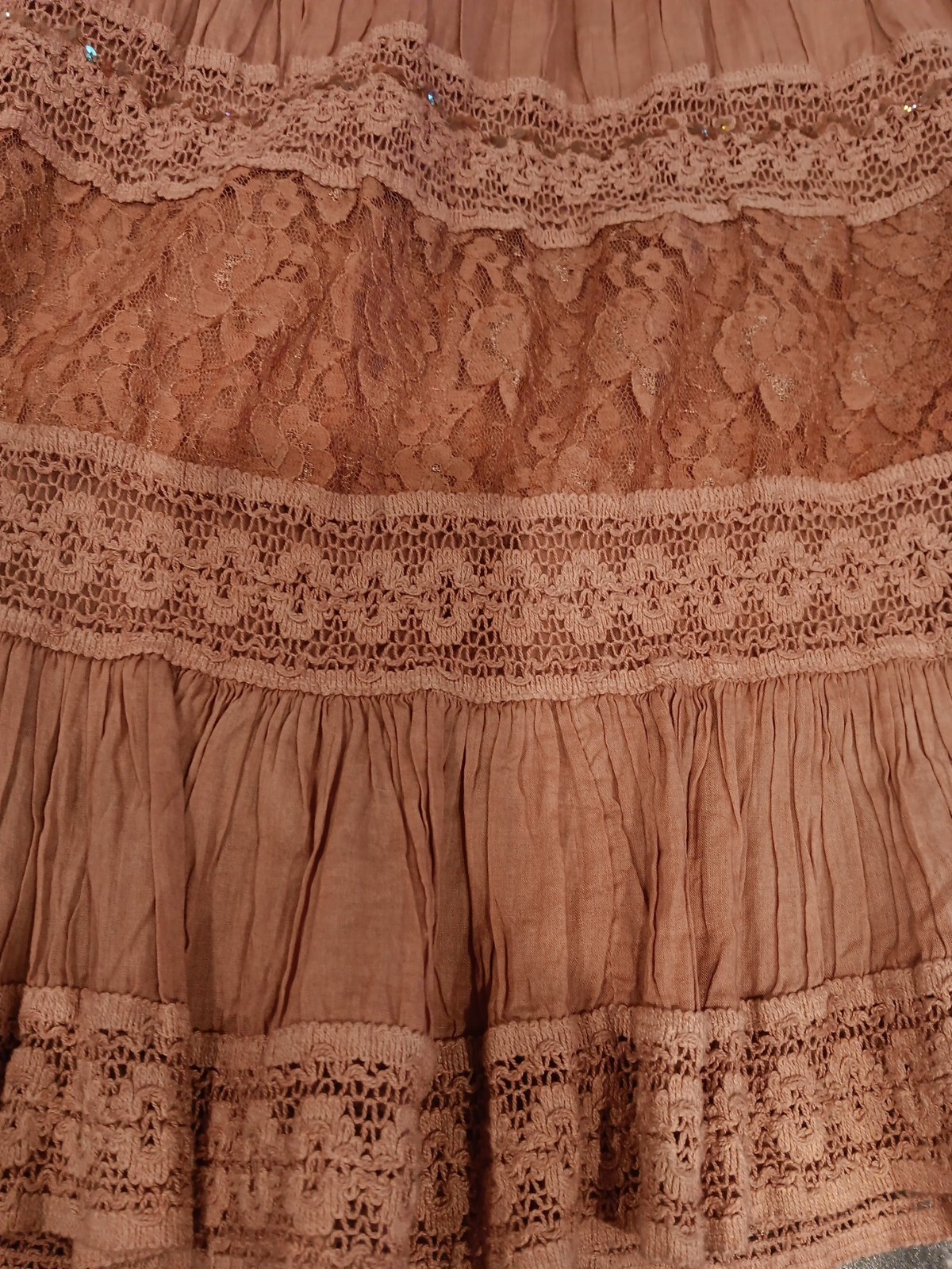 Vintage Passport Boho Hippy Cotton And Lace Multitiered Ruffles Skirt Cocoa Sz L