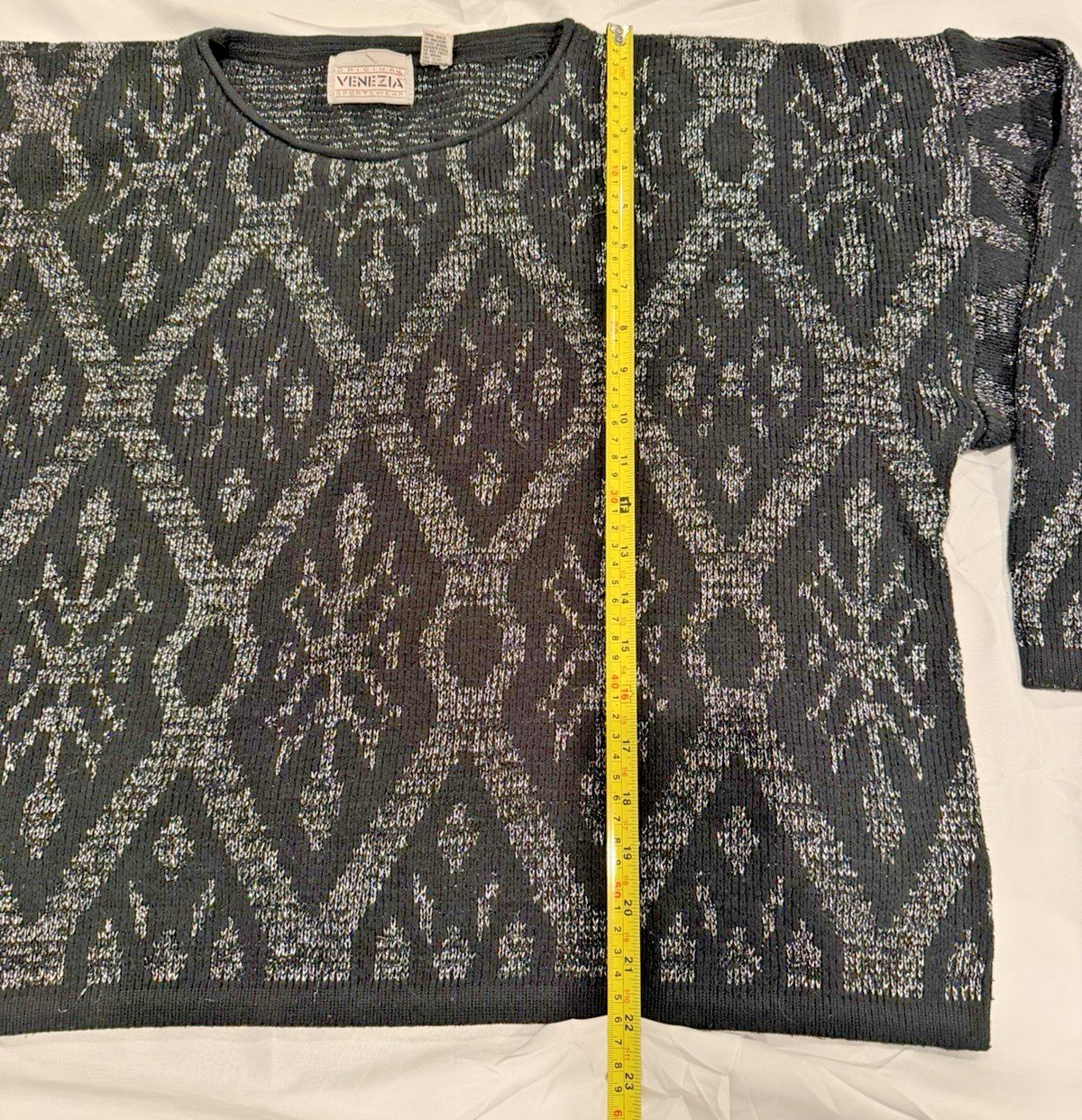 Vtg 80s Original Venezia Sportswear Women’s Geometric Black Silver Sweater 22-24