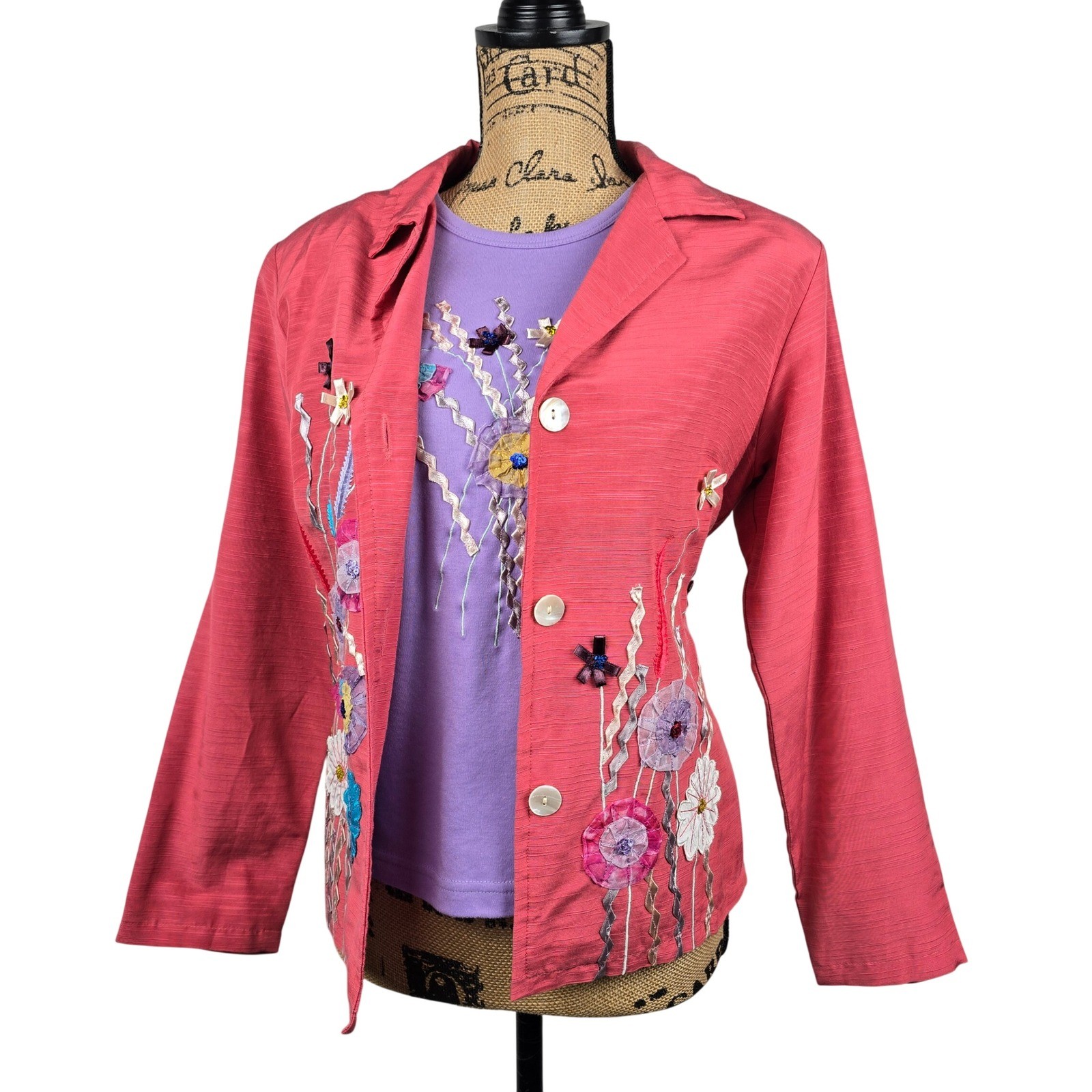 Indigo Moon Womens 2 Piece Set Jacket & T-Shirt Floral Embroidered Pink Purple S