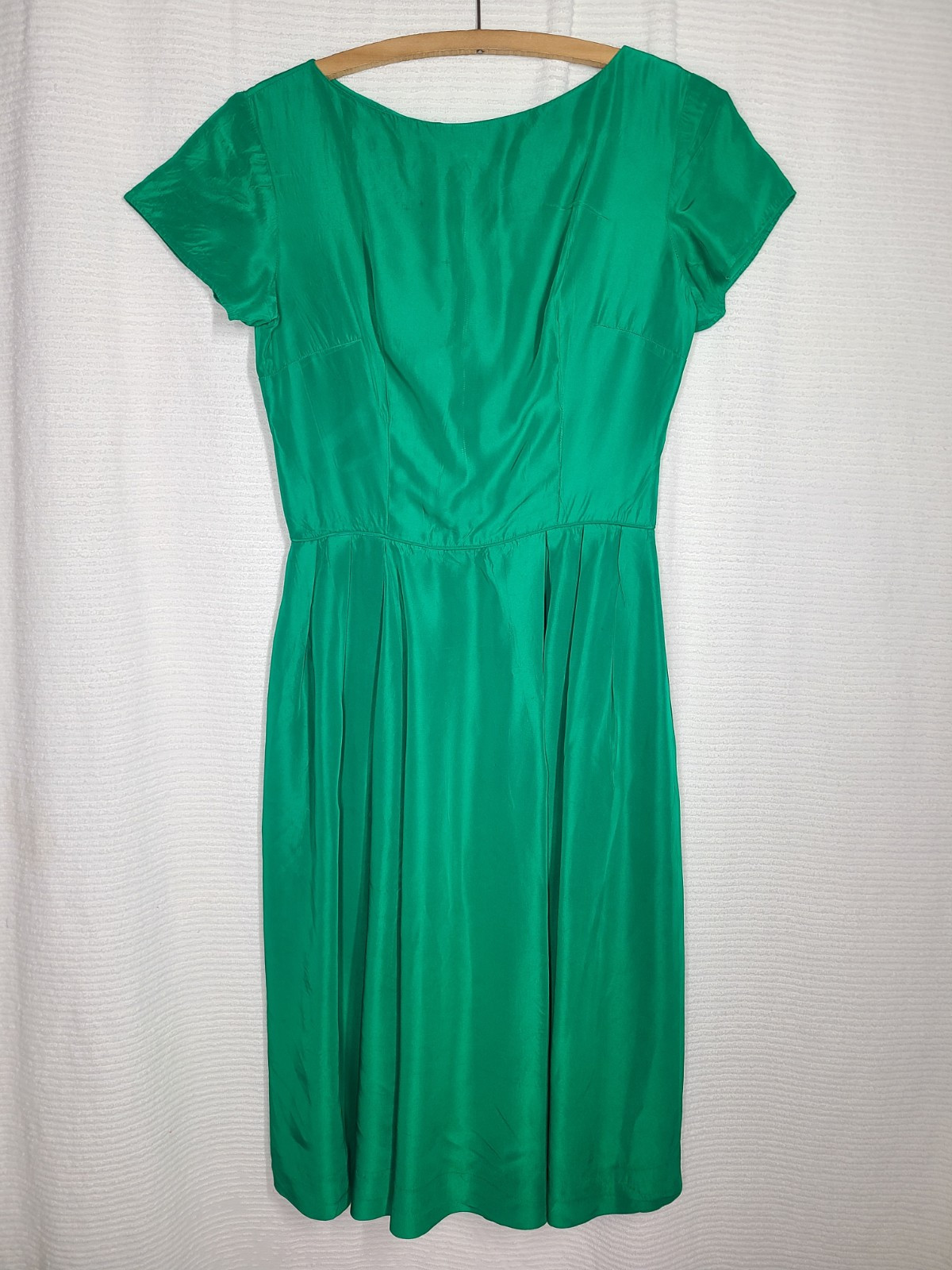 Vtg 60s Emerald Green Portrait Collar Dress Metal Zip Full Pleat Skirt Rayon 27w