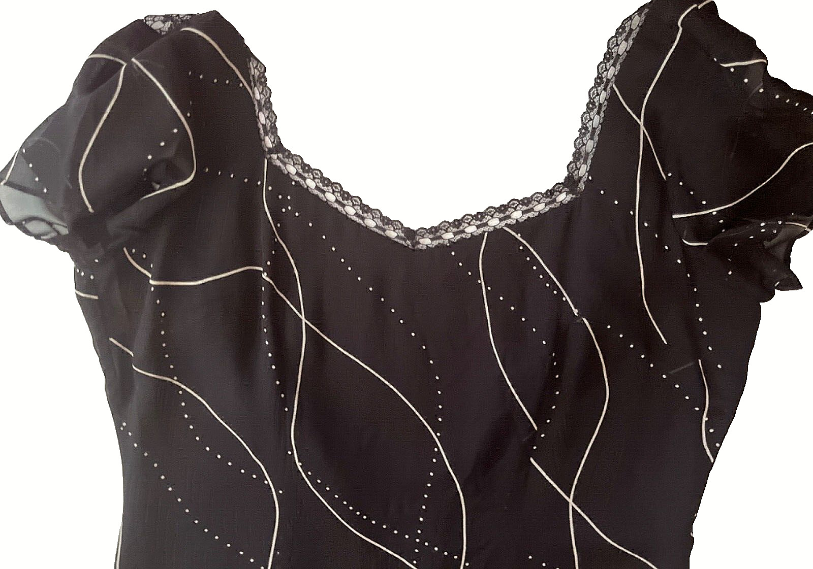 MICA SHEER MIDI RAYON BLACK WHITE LACE DETAILS DRESS FULLY LINED BACK ZIP sz 10