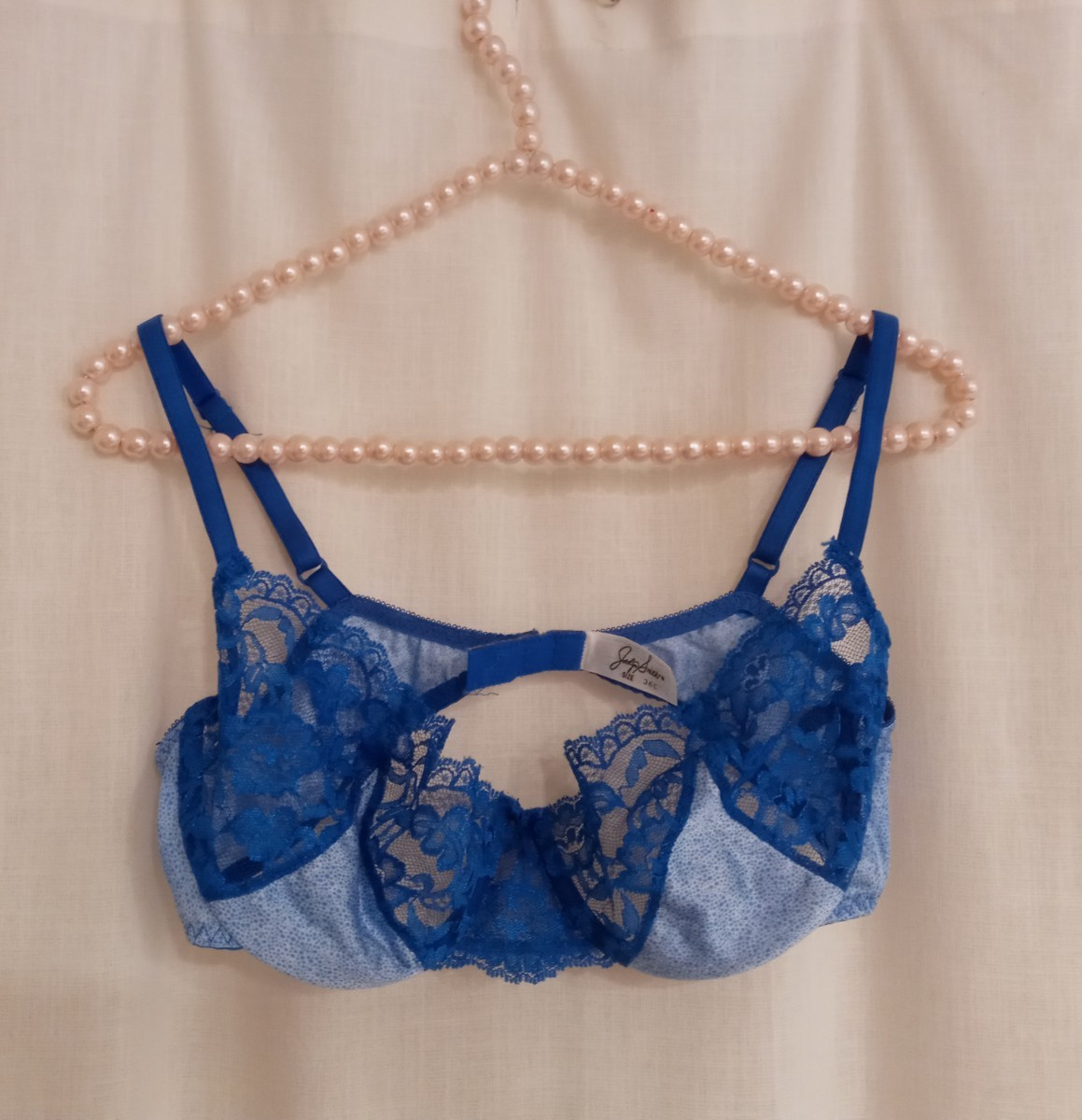 Vintage 90s Jaclyn Smith blue lace satin dot print underwire bra size 36C