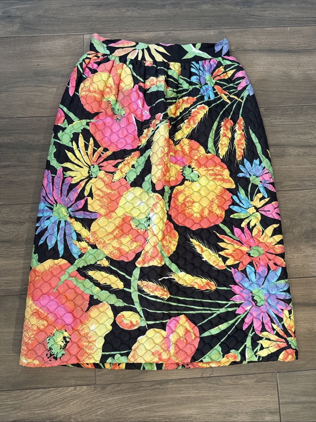 Vintage 1960s Womens Long Quilted Skirt Neon Flower Power Bonwit Teller XXS XS