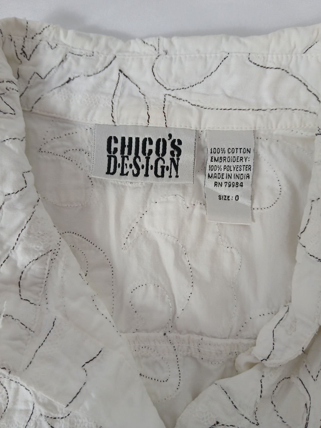 Vintage 90’s Chicos Design Shirt Womens Sz Small White Soutache Embroidered