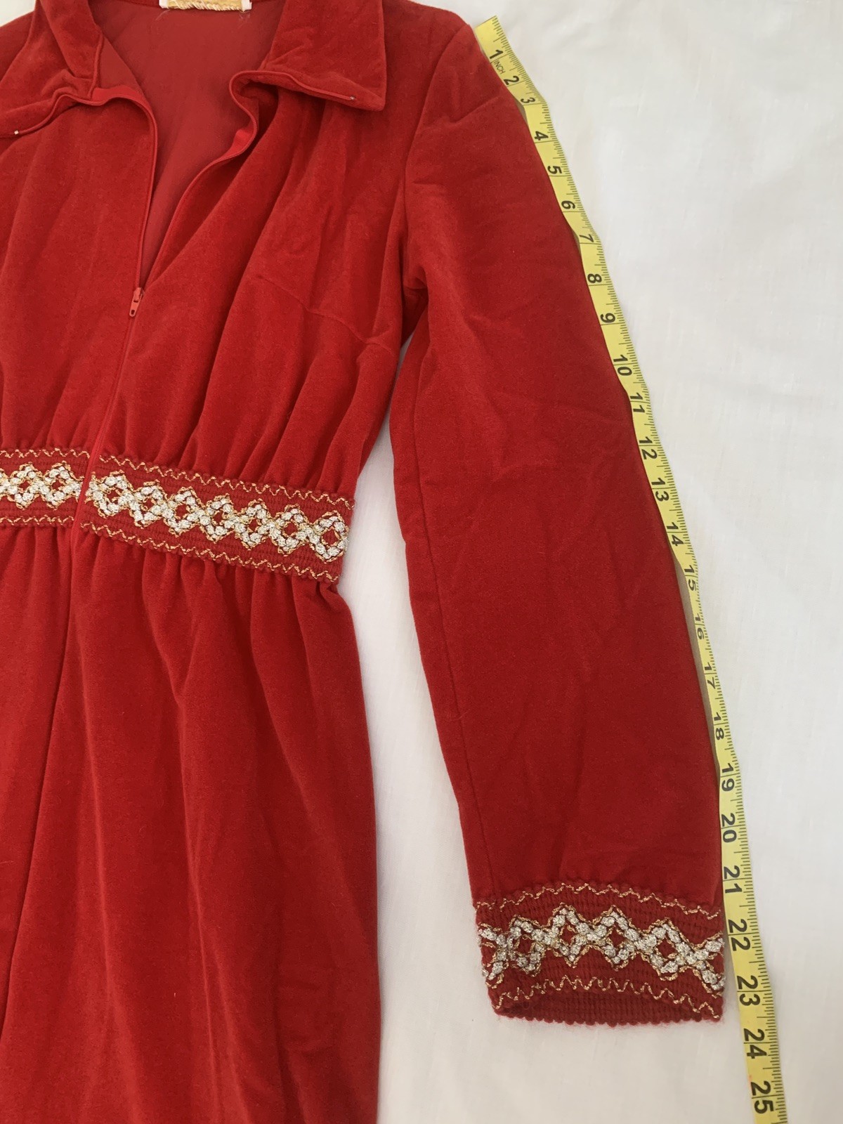 VTG 70s Gossard Red Velvet Maxi Dress Hostess Gown Embroidered Petite S