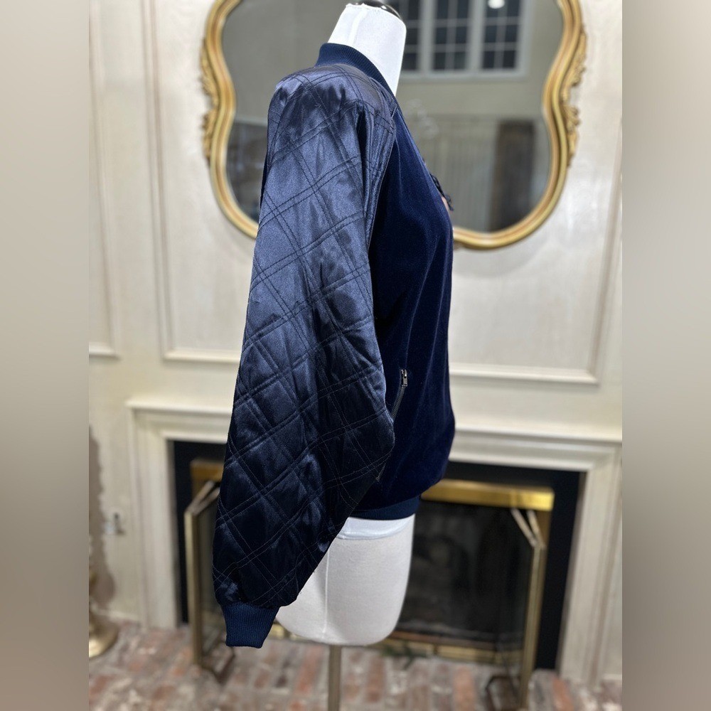 LAVON Velvet Bomber Jacket Navy Blue Y2K 90s Sporty Prep Athleisure Size Large
