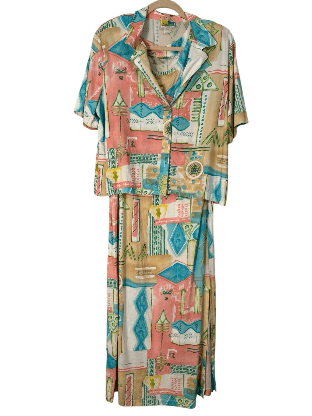 Vintage 90s Sea Suns Geometric Watercolor Midi Dress Button Down Set M