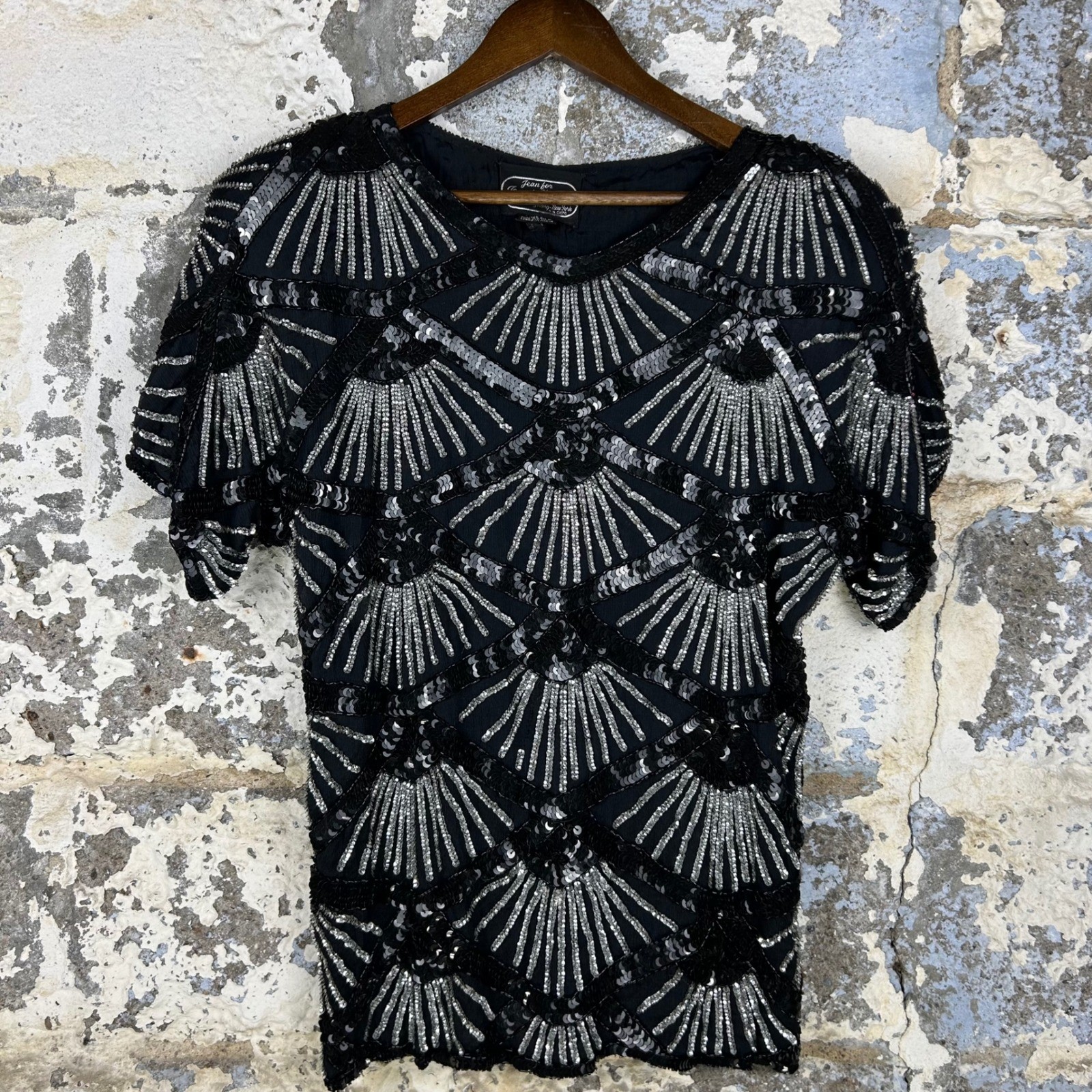 Vintage 80’s Joseph Le Bon Silk Sequin Art Deco Fan Blouse Black Silver XL