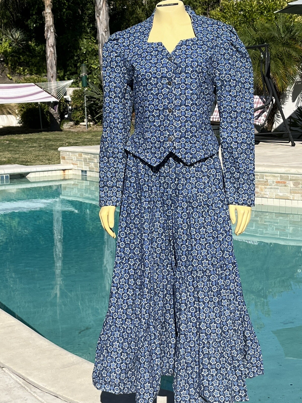 Vintage 90s Ozark Mountain Jean Co Sz Med Prairie Skirt & Top Suit Blue Stars