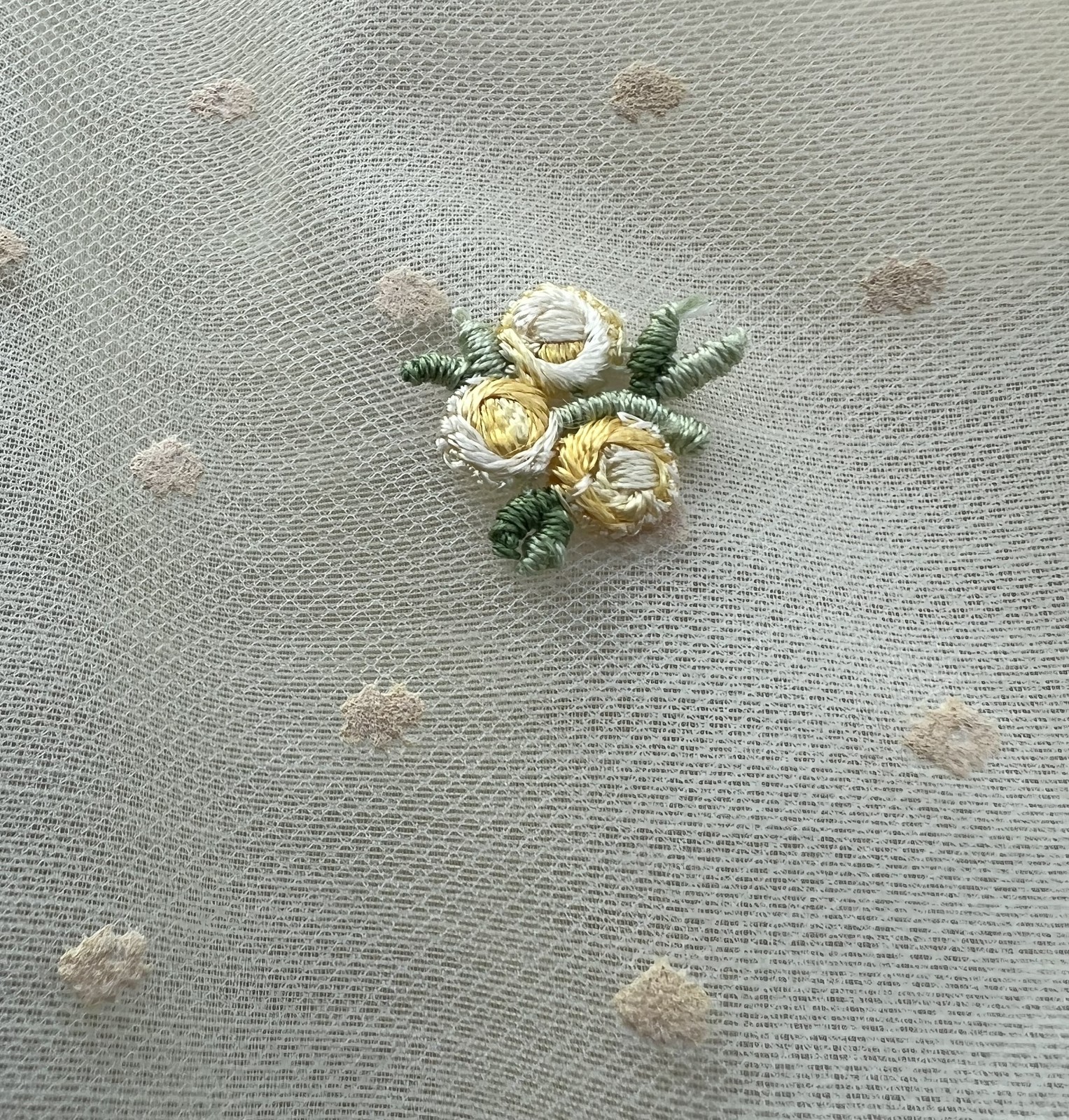 VINTAGE 1950’s L’AIGLON YELLOW COTTON DRESS SHEER NET FLORAL EMBR. BODICE