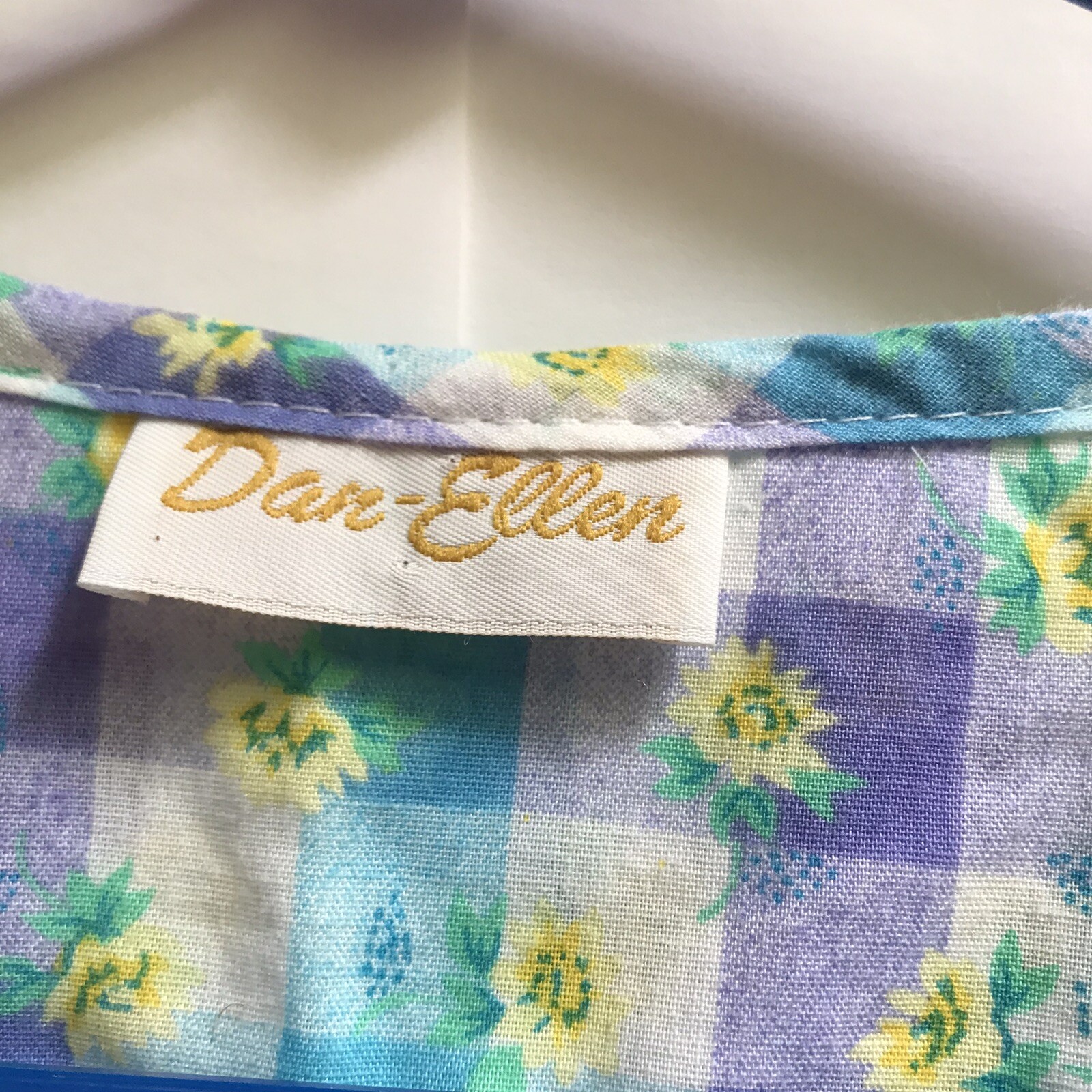 Vintage Dan Ellen House Coat Checkered Purple Blue White Yellow Flowers S-M