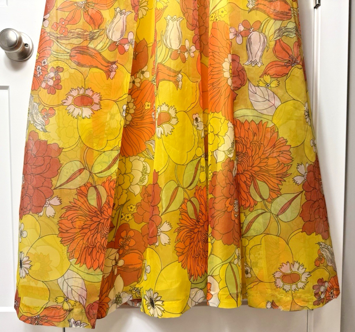 Vtg 60’S Groovy Orange Yellow Sheer Floral Maxi Dress Stiff Chiffon Long Jacket