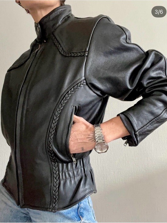 Vintage Leather Wear LARGE 100% leather black biker zip jacket