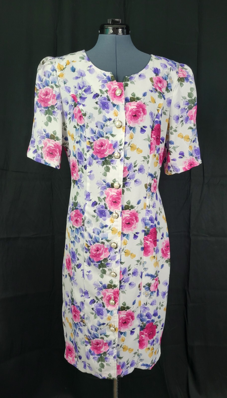 Vtg Caroline Wells White Floral Princess Seamed Shift Dress w Buttons Size 14