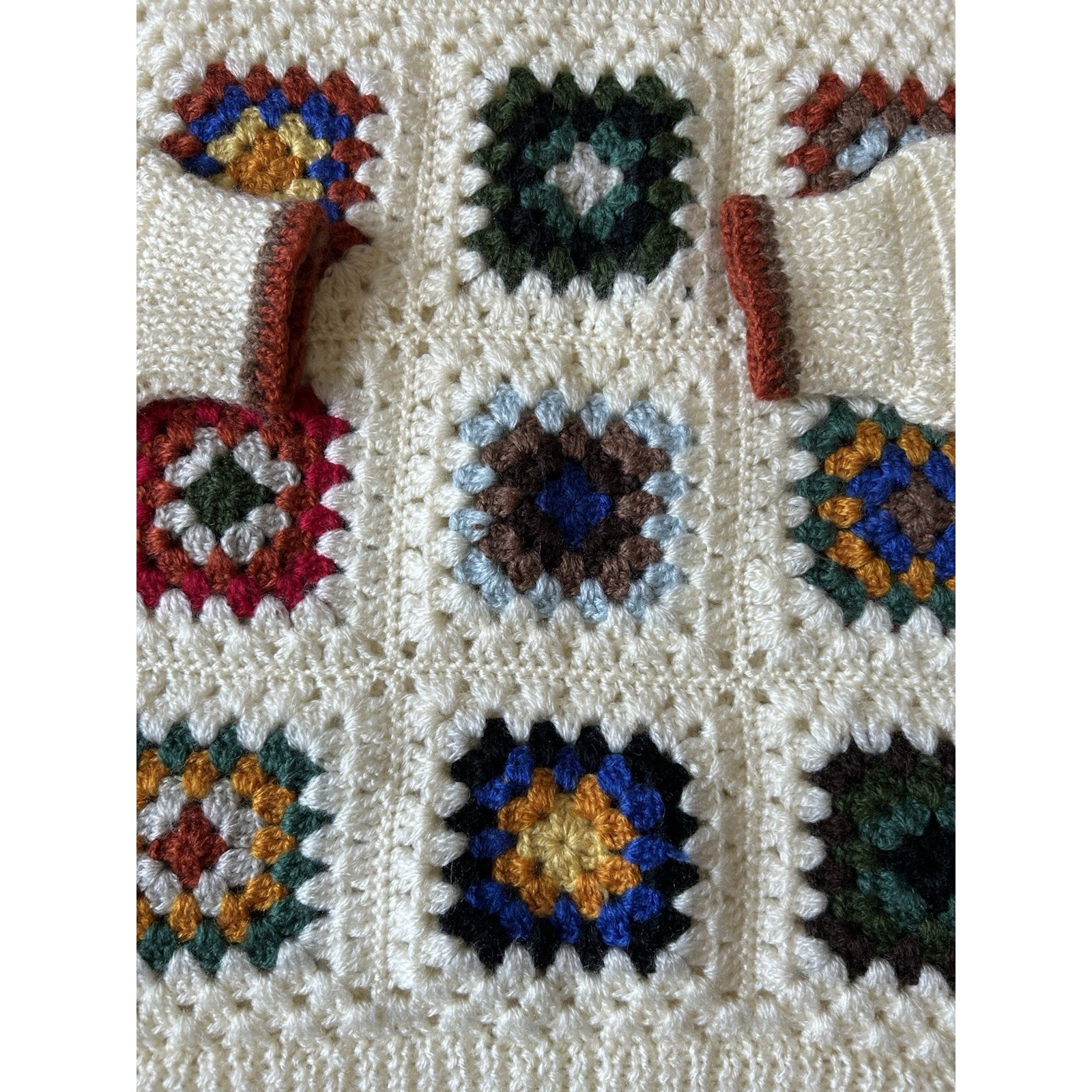 VTG 60s Granny Square Sweater Handmade Boho Hippie Crochet Knit Korean UNISEX M